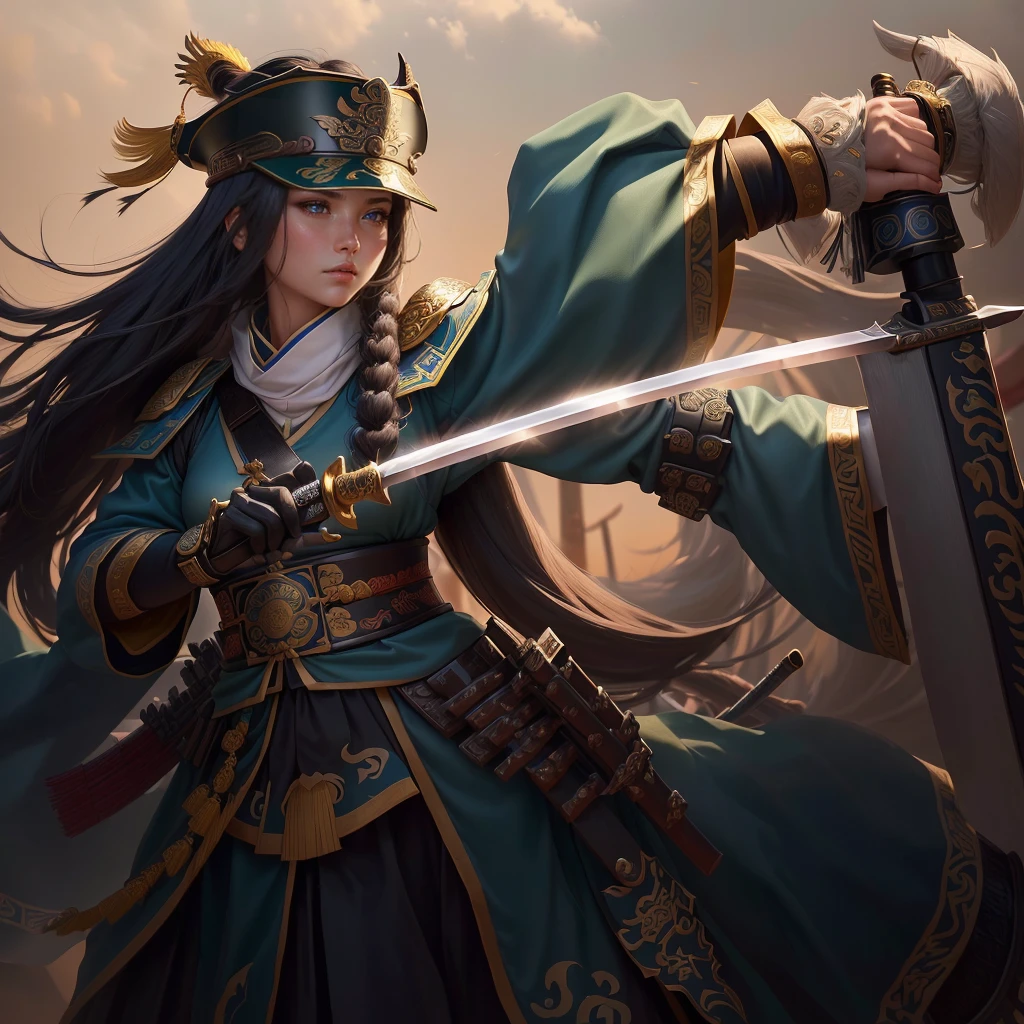 a close up of a girl with a sword and a hat, guan yu, inspired by Hu Zaobin, naranbaatar ganbold, masamune shiro, bian lian, mongol, masamune, feng shu, inspired by Cao Zhibai, inspired by Huang Ding, genghis khan, inspired by Huang Shen, zhao yun, 