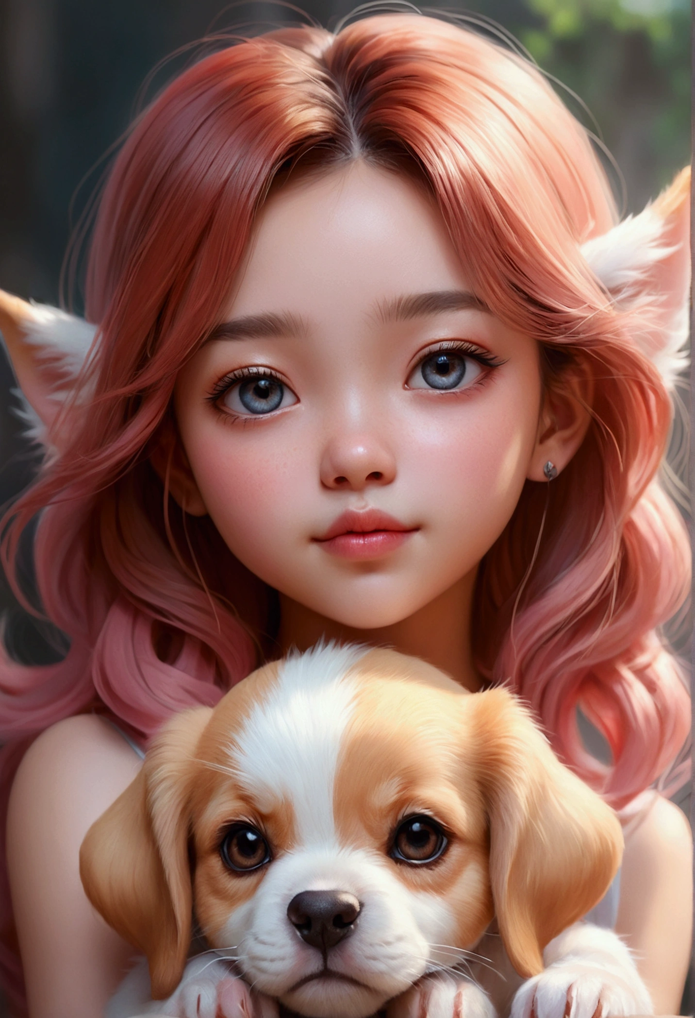 Beautiful with dreamy eyes, Beastman Girl, puppy, Canine ears, Volumetric Light, Ultra-realistic, Intricate details, shape, Painting, watercolor, Cute Chibi, ah!, Shallow depth of field, Pastel Color Palette, Soft lighting, minimum, Modern, Digital Painting, Lois van Baerle、Ross Tran、Art by artgerm, Artstation HQのトレンド, Very detailed,Sleep,Are sleeping