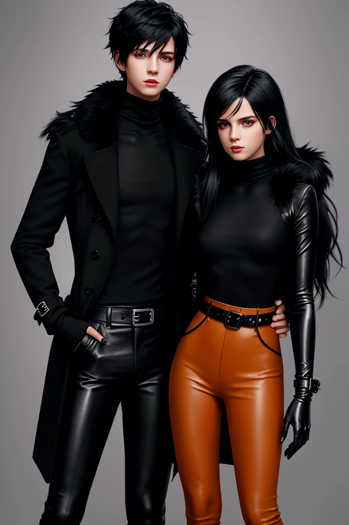 Final fantasy taste and reality graphics, Japanese young cute and cool ikemen boy and cute and beauty girl,,boy and girl couple, both age is early 20s, thin eyebrows and beady eyes, girl is black long hair, boy wearing orange beige color double brest very thick trench coat, with a black color neck fur.,neck fur is black color, must black neck fur,
Must tighten your belt of coat, with epaulet, must close the front of the trench coat,, must trench coat cloth the front, also wearing black very thick turtleneck lackluster shirts, tight black leather pants, shiny black leather tight and must put on a thin leather glove both hands, black leather knee-high raceup boots,
Girl wearing white colordouble brest very thick long coat,Must tighten your belt of coat, must trench coat cloth the front, also wearing black very thick turtleneck lackluster shirts, tight black leather pants, shiny black leather tight and must put on a thin leather glove both hands, black leather knee-high raceup boots,must views head-to-toe,must views whole body, boy and girl looks like fashion model,Do not show skin from the neck down,leather jacket leather glove and leather pants have few wrinkles,boy in the room,,Avoid showing your innerwear,must close coats waist belt.
