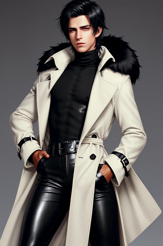 Final fantasy taste and reality graphics, Japanese young cute and cool ikemen boy and cute and beauty girl,,boy and girl couple, both age is early 20s, thin eyebrows and beady eyes, girl is black long hair, boy wearing orange beige color double brest very thick trench coat, with a black color neck fur.,neck fur is black color, must black neck fur,
Must tighten your belt of coat, with epaulet, must close the front of the trench coat,, must trench coat cloth the front, also wearing black very thick turtleneck lackluster shirts, tight black leather pants, shiny black leather tight and must put on a thin leather glove both hands, black leather knee-high raceup boots,
Girl wearing white colordouble brest very thick long coat,Must tighten your belt of coat, must trench coat cloth the front, also wearing black very thick turtleneck lackluster shirts, tight black leather pants, shiny black leather tight and must put on a thin leather glove both hands, black leather knee-high raceup boots,must views head-to-toe,must views whole body, boy and girl looks like fashion model,Do not show skin from the neck down,leather jacket leather glove and leather pants have few wrinkles,boy in the room,,Avoid showing your innerwear,must close coats waist belt.