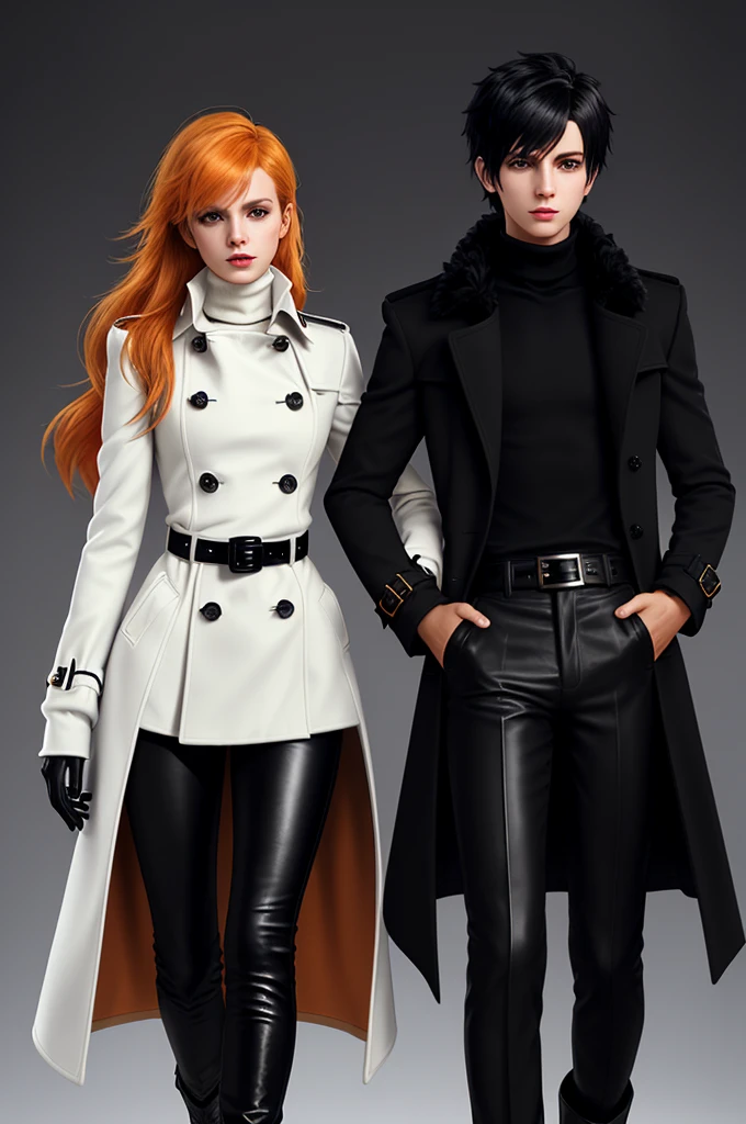 Final fantasy taste and reality graphics, Japanese young cute and cool ikemen boy and cute and beauty girl,,boy and girl couple, both age is early 20s, thin eyebrows and beady eyes, girl is black long hair, boy wearing orange beige color double brest very thick trench coat, with a black color neck fur.,neck fur is black color, must black neck fur,
Must tighten your belt of coat, with epaulet, must close the front of the trench coat,, must trench coat cloth the front, also wearing black very thick turtleneck lackluster shirts, tight black leather pants, shiny black leather tight and must put on a thin leather glove both hands, black leather knee-high raceup boots,
Girl wearing white colordouble brest very thick long coat,Must tighten your belt of coat, must trench coat cloth the front, also wearing black very thick turtleneck lackluster shirts, tight black leather pants, shiny black leather tight and must put on a thin leather glove both hands, black leather knee-high raceup boots,must views head-to-toe,must views whole body, boy and girl looks like fashion model,Do not show skin from the neck down,leather jacket leather glove and leather pants have few wrinkles,boy in the room,,Avoid showing your innerwear,must close coats waist belt.