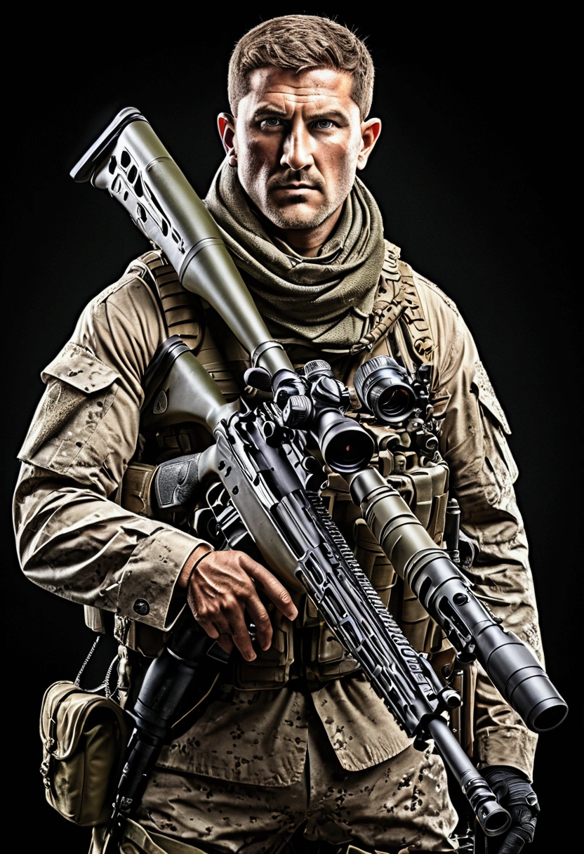 (Sniper), Under the cover of night, the sniper's figure merged with the darkness, his night vision device emitted a faint light, emphasizing the sniper's focused expression, full body, award-winning, cinematic still, emotional, vignette, dynamic, vivid, (masterpiece, best quality, Professional, perfect composition, very aesthetic, absurdres, ultra-detailed, intricate details:1.3)