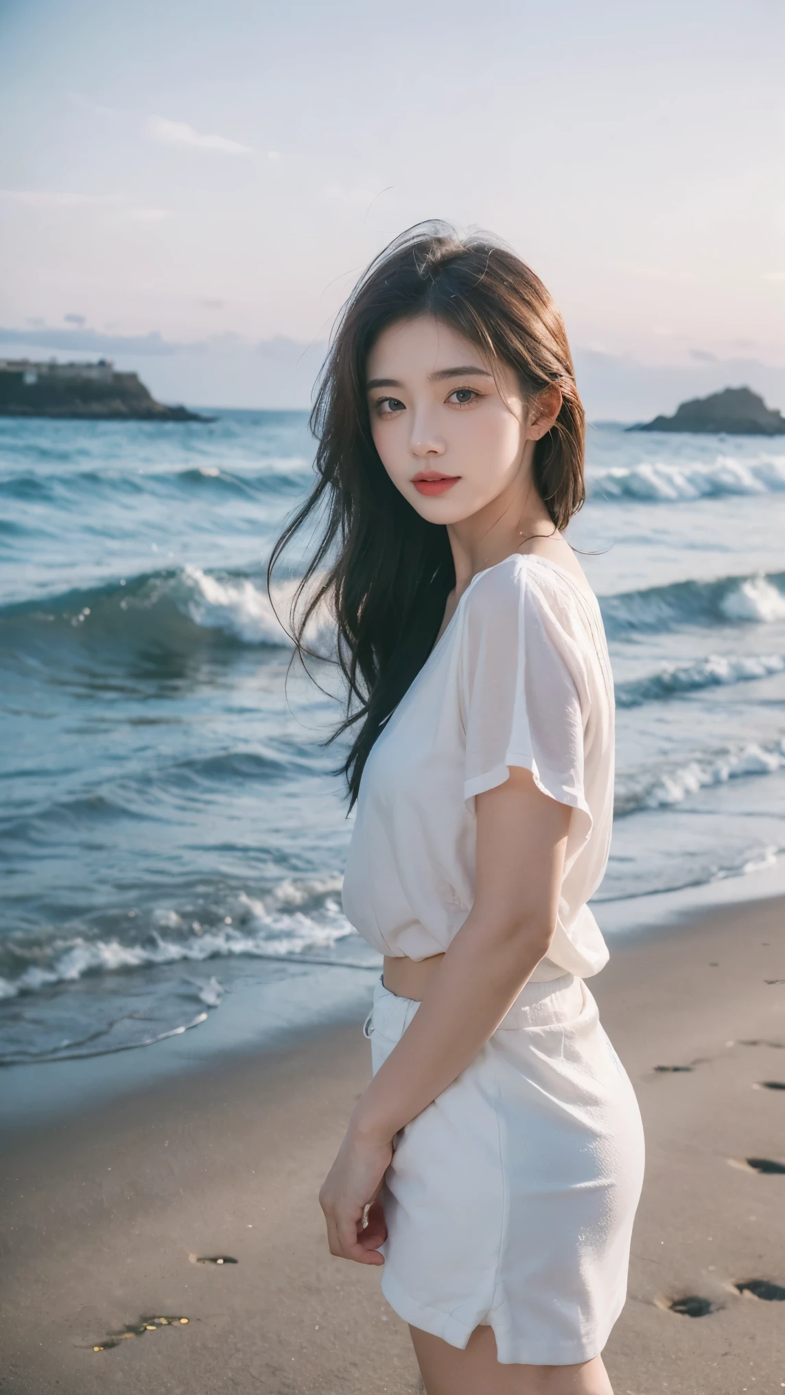 Create a serene portrait of a young woman (look forward) on a beach. She is wearing a loose-fitting white blouse, paired with a white-midi-skirt. Her eyes are looking viewer, and she has a peaceful expression on her face, enjoying the moment. The background features gentle waves crashing onto the shore under night sky, creating a tranquil and calming atmosphere. The overall mood of the image is reflective and serene, capturing the essence of relaxation and peace by the sea.