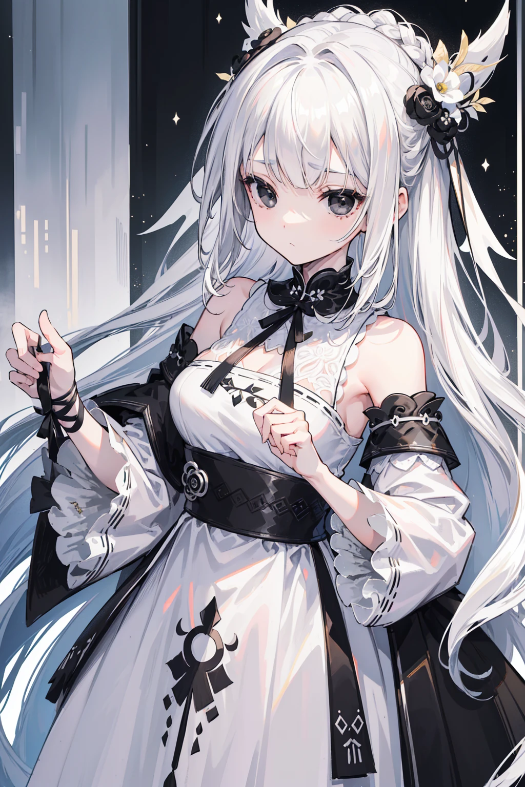 (Top image quality)、(Very detailed)、(Facing forward)、Top quality、masterpiece、(((1 girl )))、Silver Hair、White hair、((Long hair))、Weaving、(black eyes:1.6)、(White and black cheongsam)、Hooded dress、Lots of decorations、Lots of ribbons、White Ribbon、She looked grim.、Fluffy loose hair、Hanfu