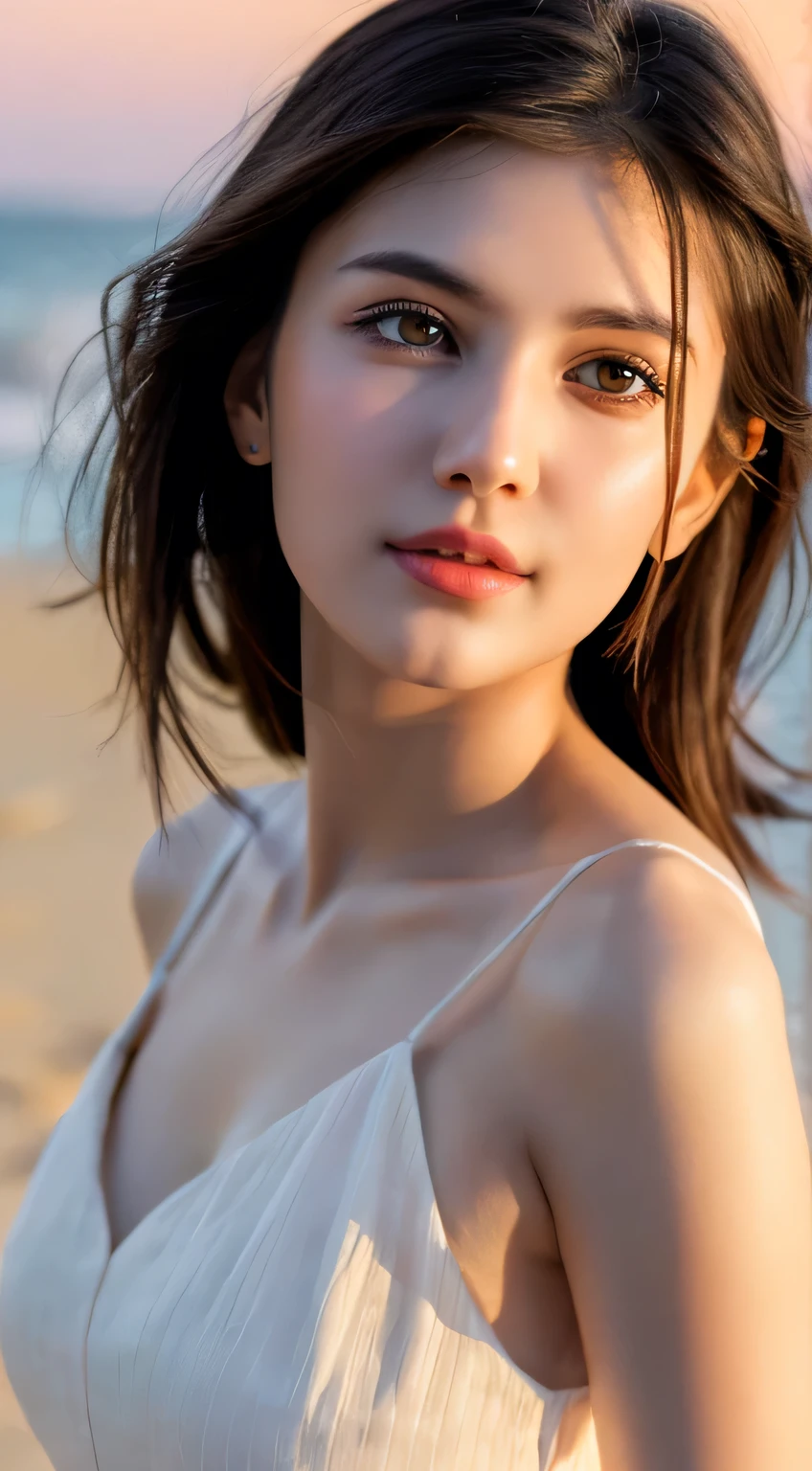 Mustepiece, top quality, illustration, ultra-definition, fine details, high resolution, 8K wallpaper, perfect dynamic composition, beautiful detailed eyes, wearing a dress, natural color lips, beach, random cute pose, perfect and beautiful face , cute, sexy face, sunset, feminine face