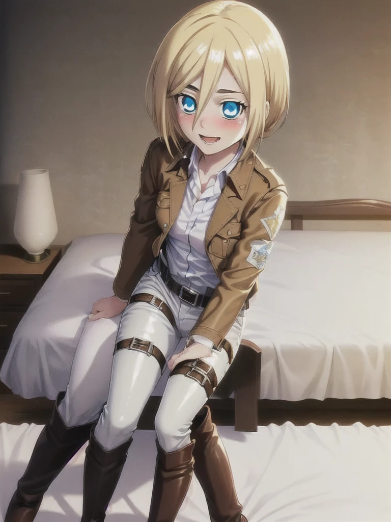 masterpiece, Highest quality, High resolution, mansion bedroom, In the middle of the night, Moonlight, Sitting on the bed, One girl, alone, View your viewers, smile, history, Krista Lentz, Blonde, blue eyes, Hair between the eyes, short hair, ponytail, Official Art, Jacket, brown Jacket, Symbolism, belt, Thigh straps, pants, white pants, boots, shirt, white shirt, collared shirt, (Tight clothing), unity 8k wallpaper, (figure:0.8), (Beautiful attention to detail:1.6), Highly detailed face, Highly detailed CG, (3D Face:1.1), (Shiny skin:1.5), (超High resolution intricate face details), (Facial skin pores:1.3), 超High resolution cloth texture, Shining Eyes, Perfect Eyes, Glowing Eyes, shy smile, Blushing, Open your mouth, Showing off her perfect legs, Swayback stance:1.5, armpit:1.6, arms behind back