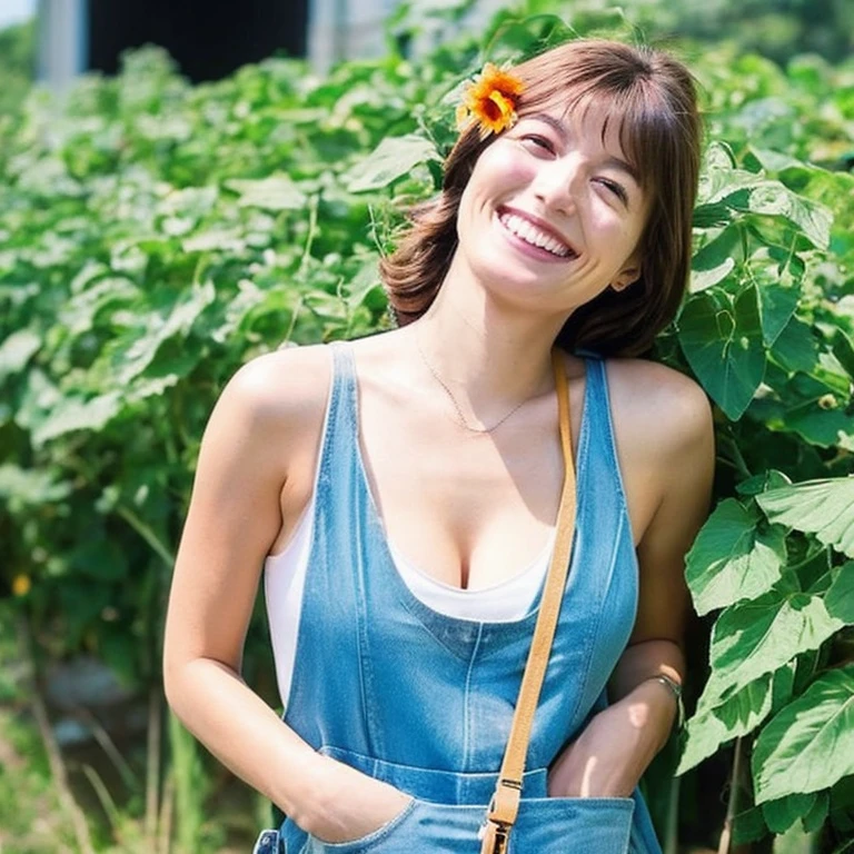Young girl,summer,Tank top,Overalls,Cleavage,whole body,Photo album,smile,Casually sexy,Shortcuts,Leaning forward,Sunflower flower