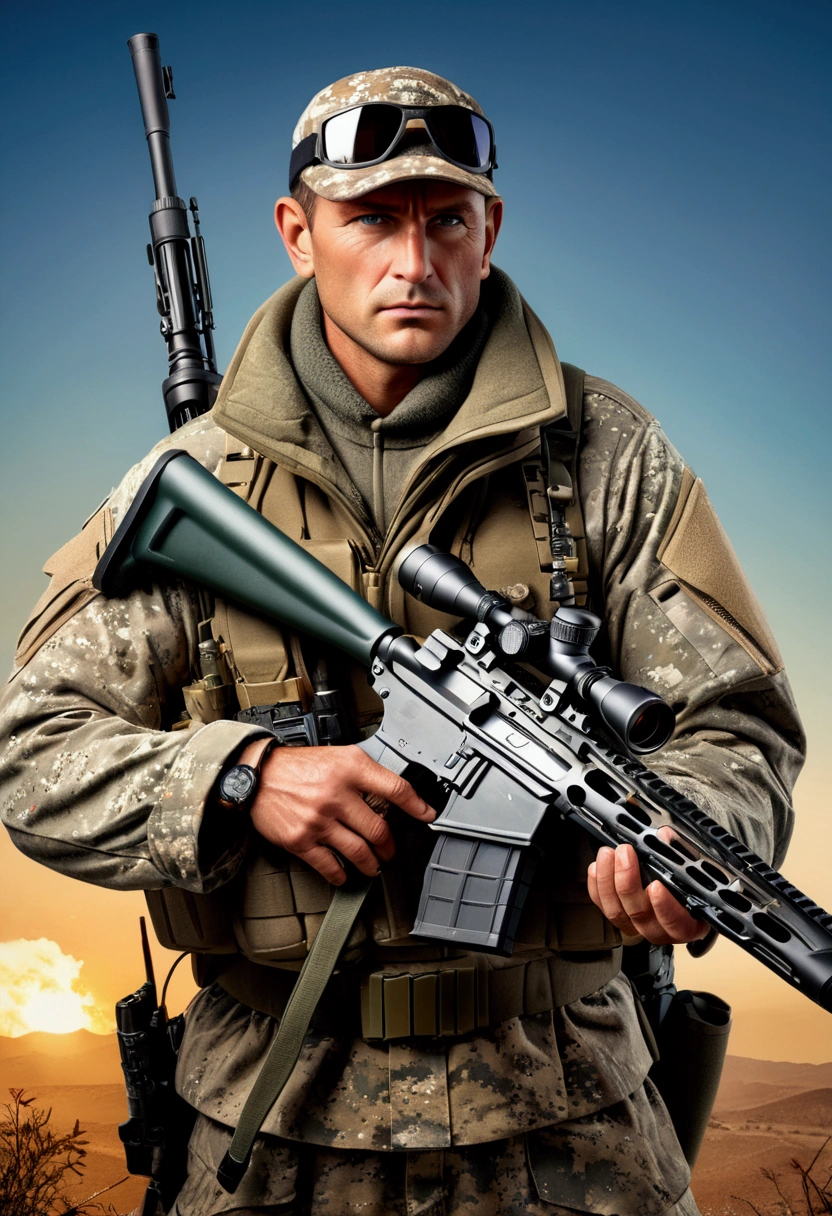 (Sniper), Under the cover of night, the sniper's figure merged with the darkness, his night vision device emitted a faint light, emphasizing the sniper's focused expression, full body, award-winning, cinematic still, emotional, vignette, dynamic, vivid, (masterpiece, best quality, Professional, perfect composition, very aesthetic, absurdres, ultra-detailed, intricate details:1.3)