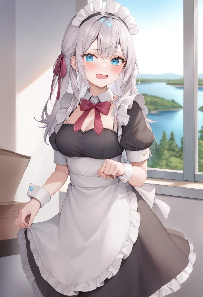 masterpiece, 1girl, Amazing Cleavage:1.3, thin waist, big ass, Raised sexy, medium breast:1.3,posed cleavage:1.2,solo, looking at viewer, open mouth, daeksilver hair, blue eyes, cute dress, bare shoulders, jewelry, collarbone, sidelocks, hairband, earrings, indoors, off shoulder, arms behind back, plant, short hair with long locks, white hairband, off-shoulder dress, sweater dress, off-shoulder sweater, red sweater, big side hair, very long side hair,is rendered in (masterpiece: 1.2, best quality), with (ultra high resolution) and an exquisite (depth of field). This masterpiece is not only visually stunning but also tells, make of cooking some cakes ,in the kitchen