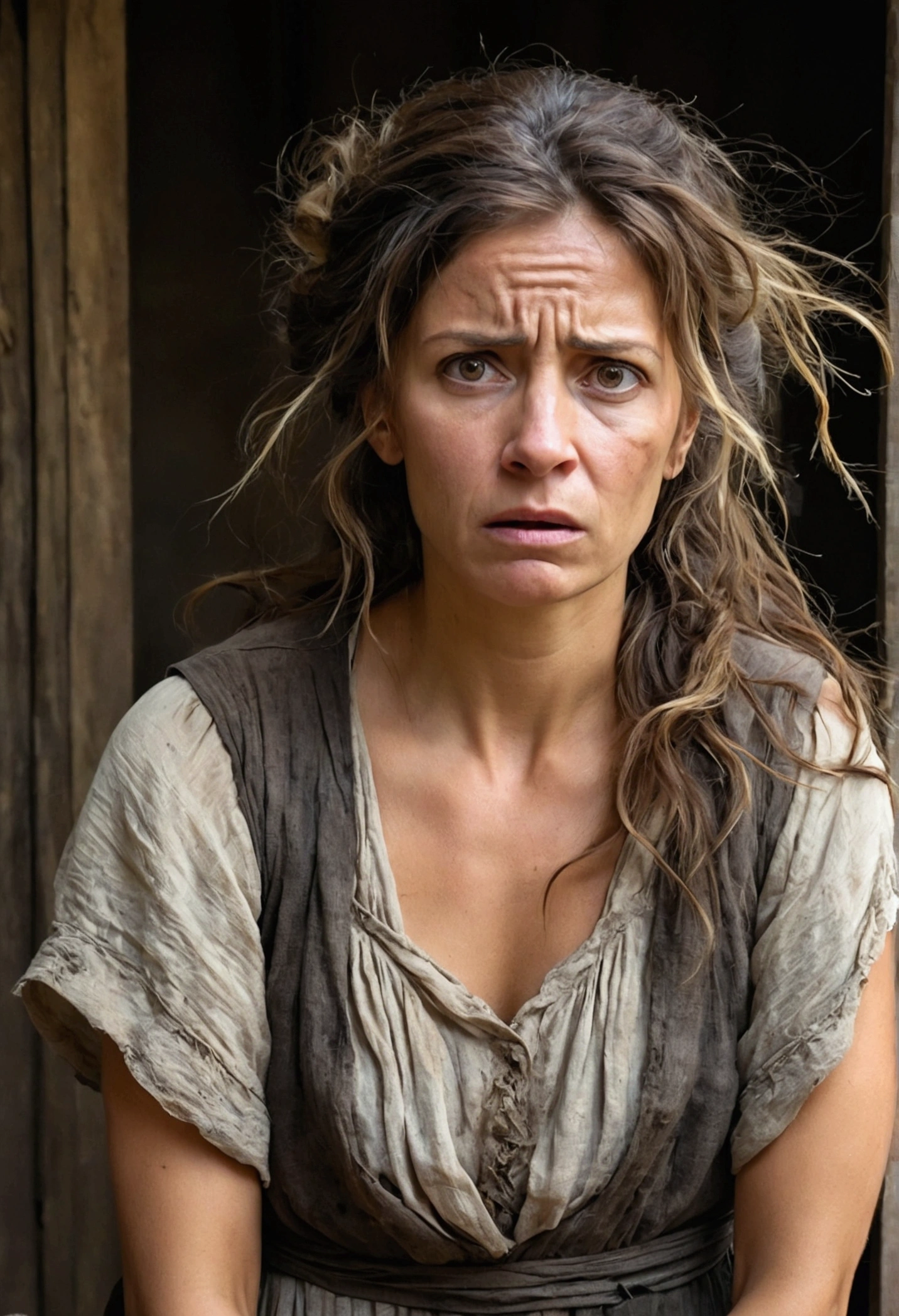 woman in her 30s, beautiful, haggard face, Worried and angry expression. woman looks at the viewer, his hair looks messy, his clothes are peasant style, dirty dress, inside, rags. To the woman