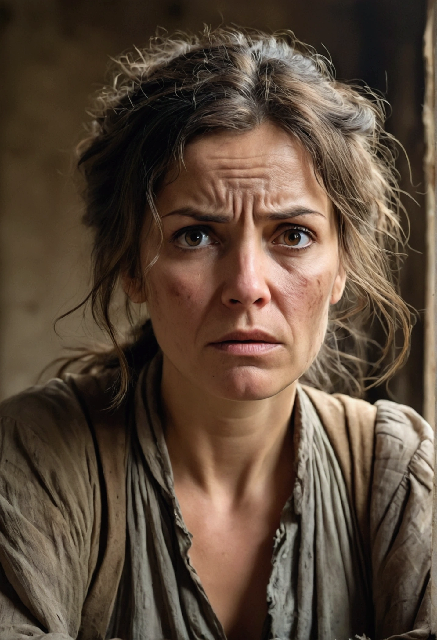 woman in her 30s, beautiful, haggard face, Worried and angry expression. woman looks at the viewer, his hair looks messy, his clothes are peasant style, dirty dress, inside, rags. To the woman