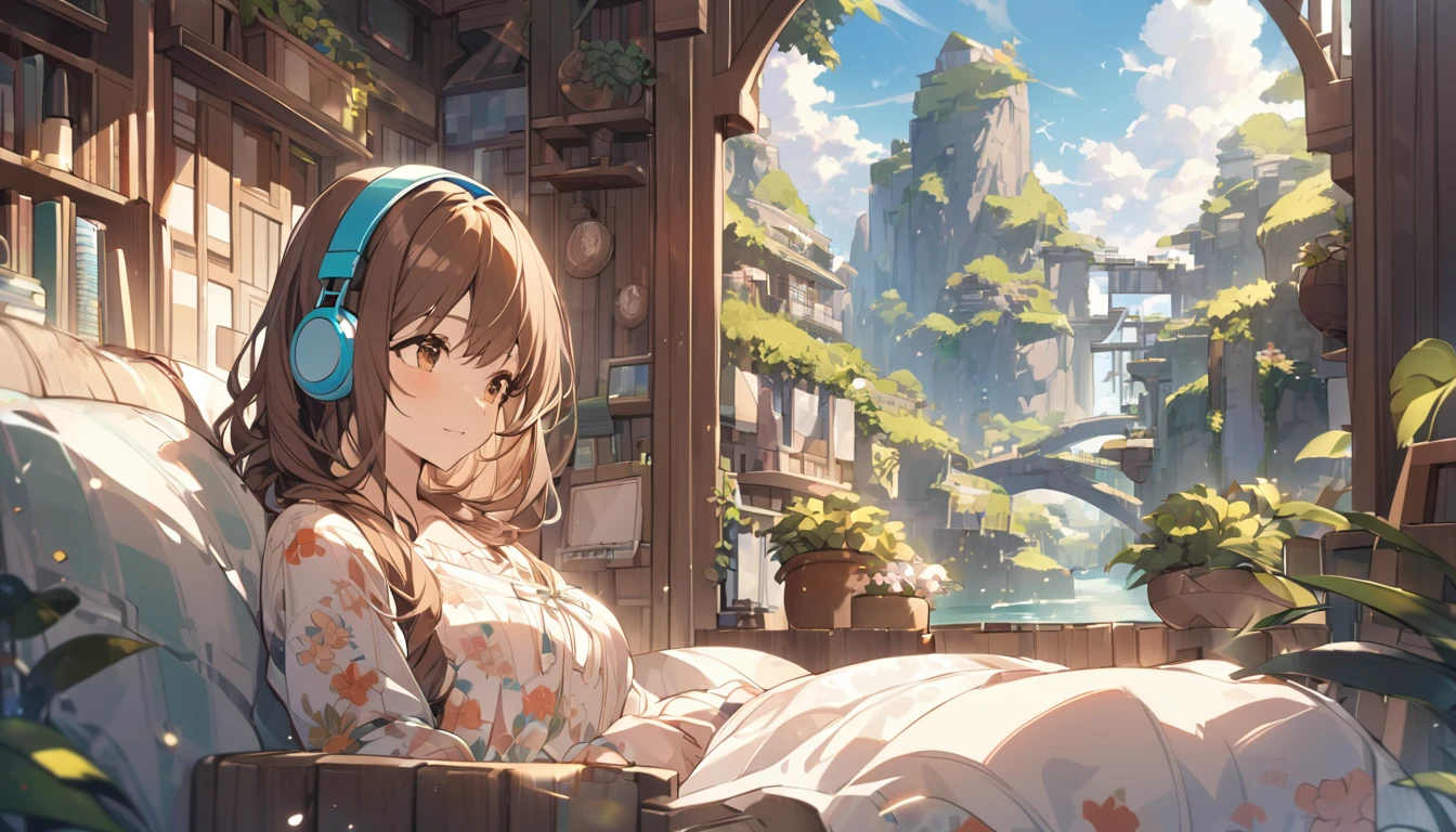 Girl wearing headphones,Brown Hair,1 person,bright,Detailed Background,「Dreaming Afternoon」 - Relaxing in the afternoon