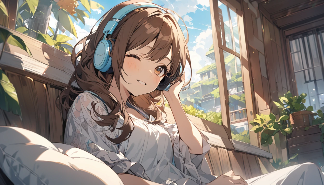 Girl wearing headphones,Brown Hair,1 person,bright,Detailed Background,「Dreaming Afternoon」 - Relaxing in the afternoon