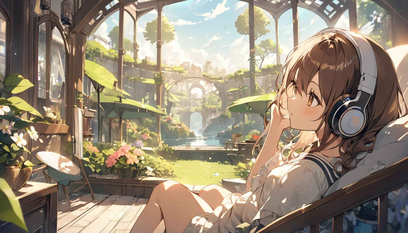 Girl wearing headphones,Brown Hair,1 person,bright,Detailed Background,「Dreaming Afternoon」 - Relaxing in the afternoon