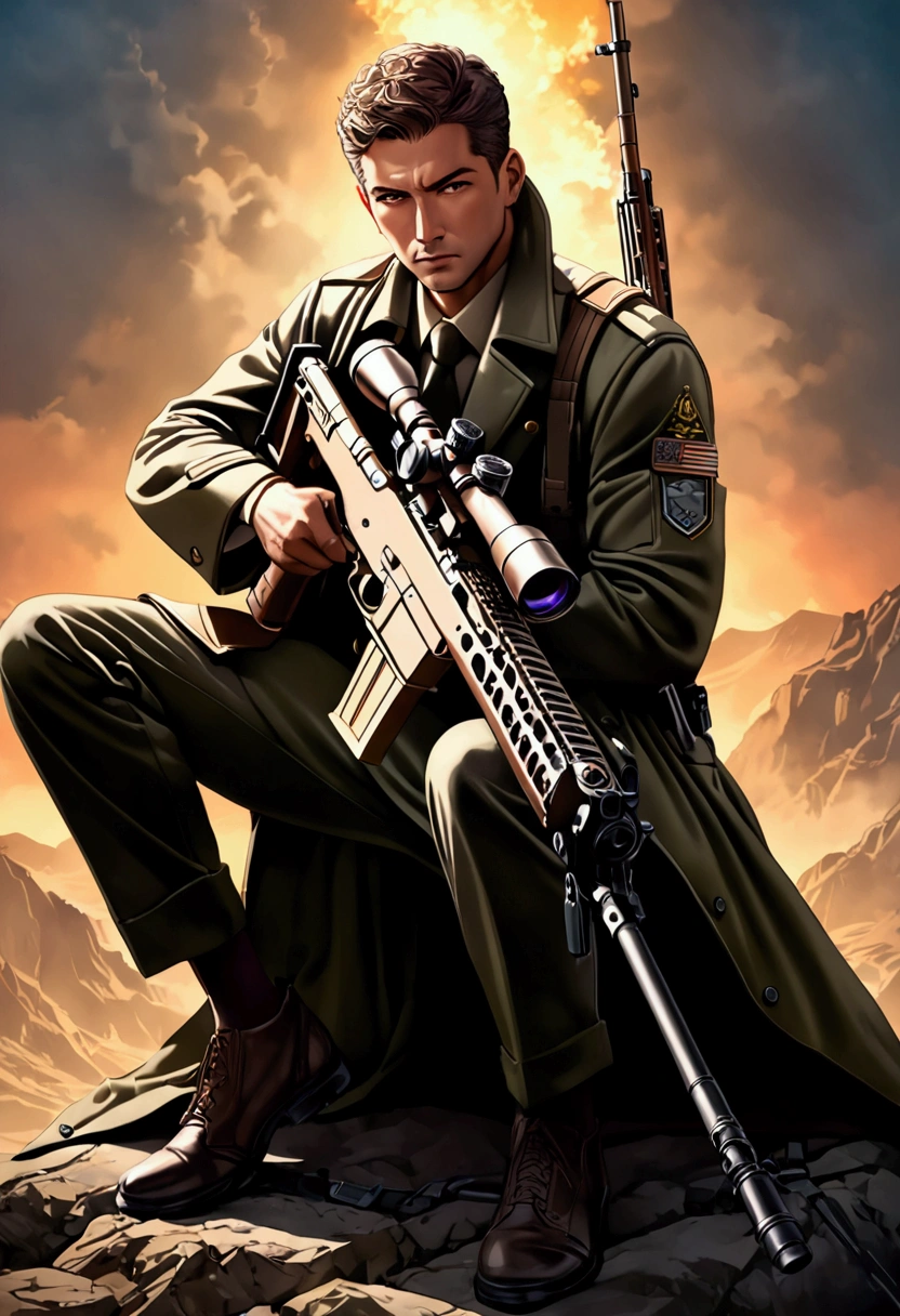 (Sniper), A legendary sniper appears on the cover of a military magazine, holding a sniper rifle and posing in a handsome posture, highlighting the sniper's image and aura, which is admirable, full body, award-winning, cinematic still, emotional, vignette, dynamic, vivid, (masterpiece, best quality, Professional, perfect composition, very aesthetic, absurdres, ultra-detailed, intricate details:1.3)