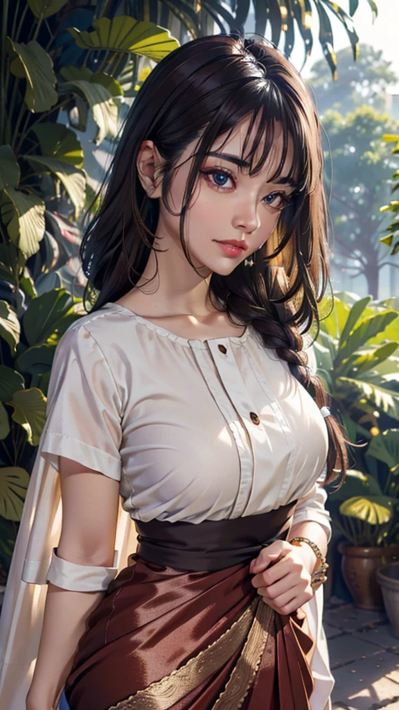 (best quality,4k,8k,highres,masterpiece:1.2),ultra-detailed,realistic,photorealistic:1.37, beautiful detailed eyes, beautiful detailed lips, extremely detailed face, longeyelashes, intimate view, classic oil painting, soft lighting, vibrant colors, warm tones, atmosphere, walking on large fields in ancient India, timid expression, natural hair, flawless skin texture, gentle breeze, elegant pose, nervous energy, afternoon ambiance, frontal shot, Wearing a traditional Indian Sari dress. Afternoon