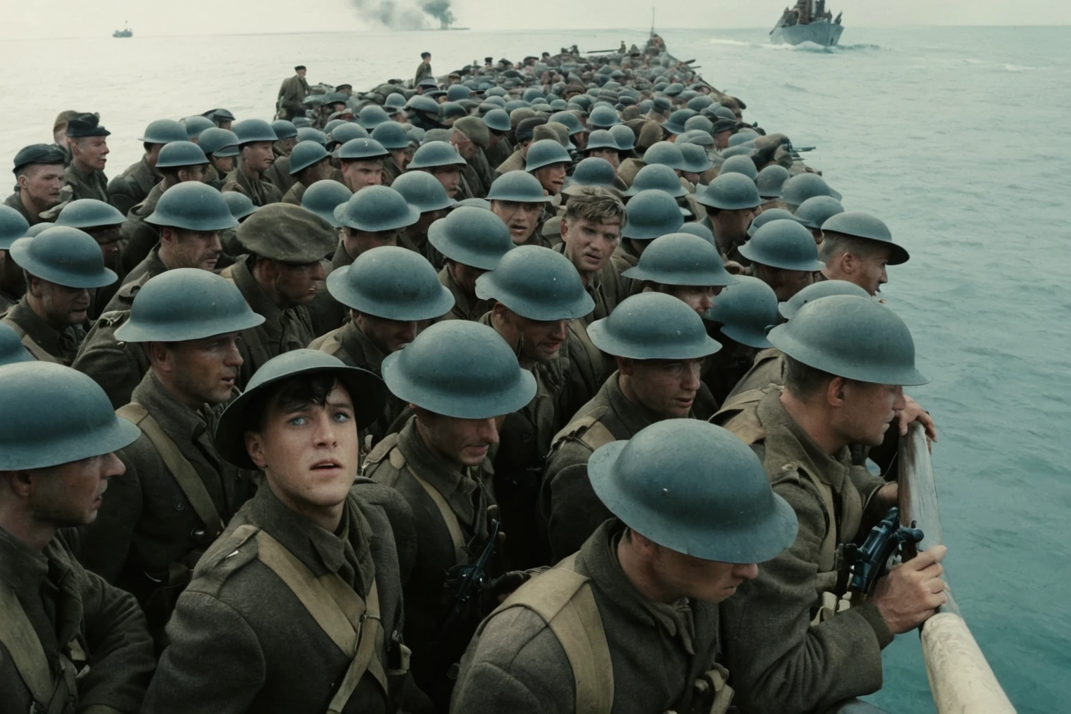 soldiers on a boat with a large group of men in uniform, dunkirk, a24, still from a live action movie, cinématique”, edited, live action film, saving private ryan, netflix, # film, wwi, ww1, ww 1, scene from live action movie, 4 k movie still, 4k movie still, d - day