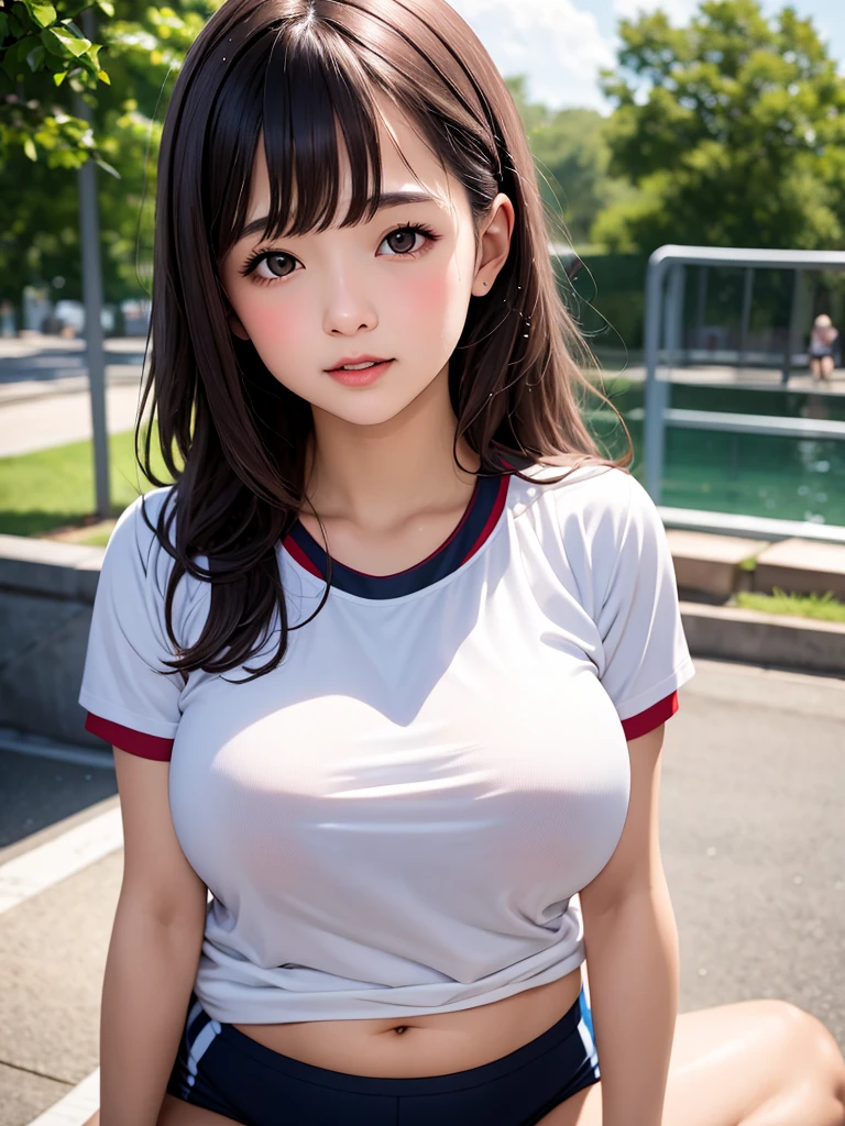 (best quality, detailed), ((cute)),((****)), 1girl, (big breasts),pay attention to the chest, orgasm,(gym uniform),(realistic),student,wet,baby face,pov, looking at viewer, breasts focus,black hair,on back,,((vulgarity)),lift shirt,white sports bra