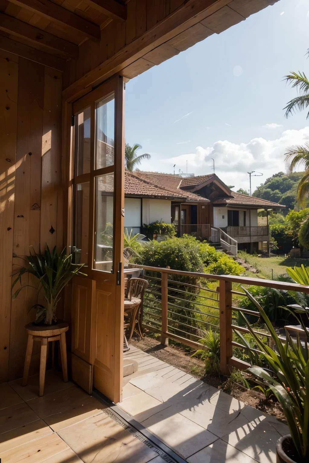 a super realistic editorial photo
of a distant house, built in masonry and metal structure, with wooden coverings, symmetrical and contemporary architecture
located in the interior of Brazil, with tropical vegetation around
the photo was taken with a 150mm lens on a canon 5d mark 4
on a sunny day
