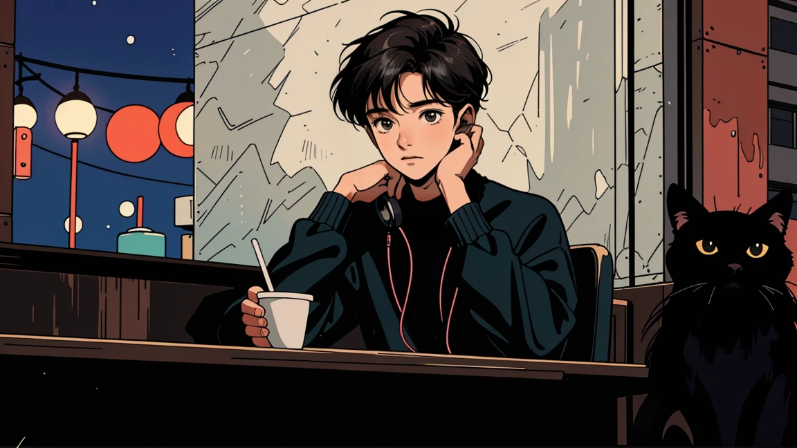 best quality, 8k, 1990s style,2010s hairstyles, 21-year-old boy, black hair,  light brown eyes, city pop, pants ,night view, wearing headphones, whole body,  relax coffee,table,confection,Looking at me, Black cat
