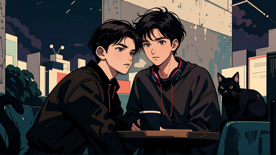 best quality, 8k, 1990s style,2010s hairstyles, 21-year-old boy, black hair,  light brown eyes, city pop, pants ,night view, wearing headphones, whole body,  relax coffee,table,confection,Looking at me, Black cat
