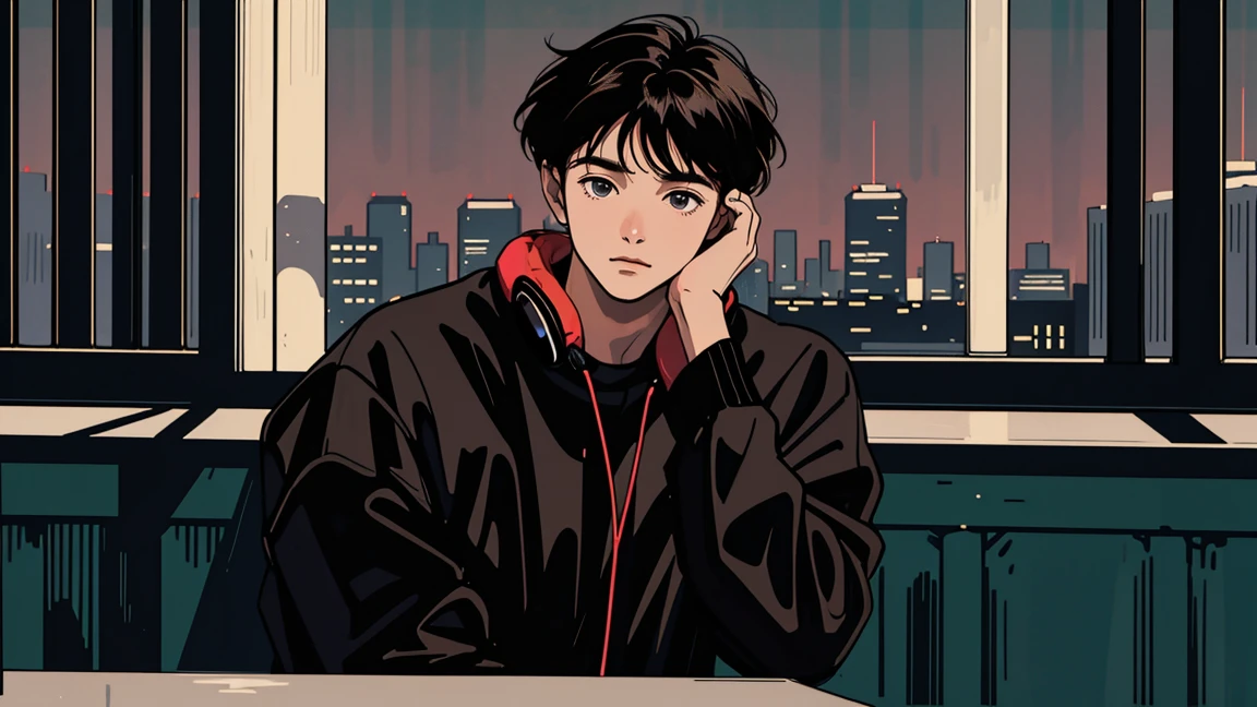 best quality, 8k, 1990s style,2010s hairstyles, 21-year-old boy, black hair,  light brown eyes, city pop, pants ,night view, wearing headphones, whole body,  relax coffee,table,confection,Looking at me, Black cat
