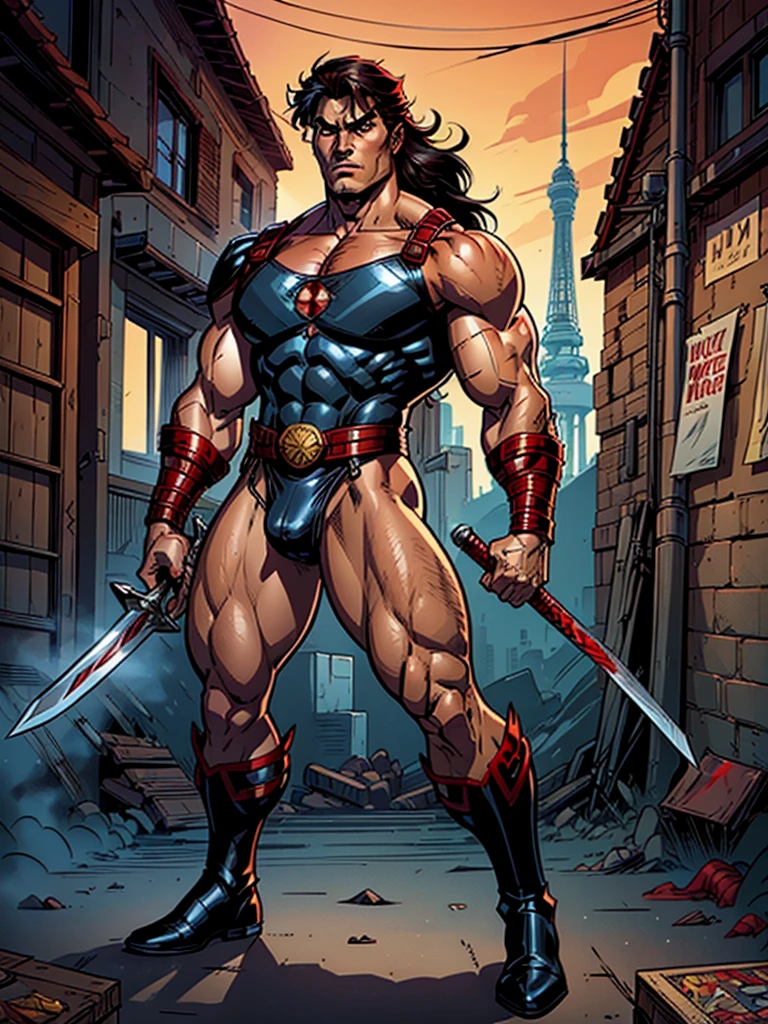 realistic illustration, comic book style, marvel comics aesthetic, a man, warrior, strong and muscular, long black hair down to his shoulders, brown eyes, (with a sword sheathed behind his back), wearing a leather thong and leather boots, (wearing a red gauntlet with a red glove only on his right hand)