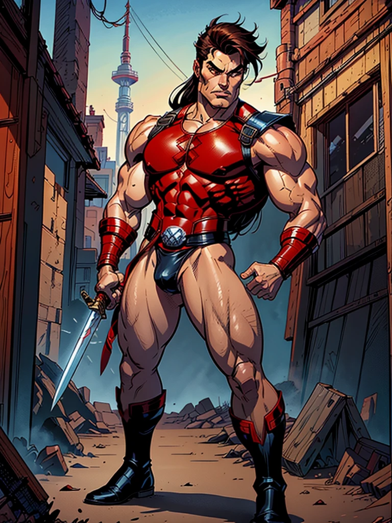 realistic illustration, comic book style, marvel comics aesthetic, a man, warrior, strong and muscular, long black hair down to his shoulders, brown eyes, (with a sword sheathed behind his back), wearing a leather thong and leather boots, (wearing a red gauntlet with a red glove only on his right hand)