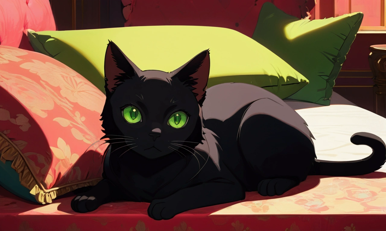 (masterpiece, best quality, vivid colors:1.2), An adult black cat with green eyes lying very comfortably on a bed with cushions,1cat female, (Alone), very detailed and beautiful eyes, ready gorda, anime screencap, the bottom is a room, high detail, high resolution, UHD, 4k, 8k