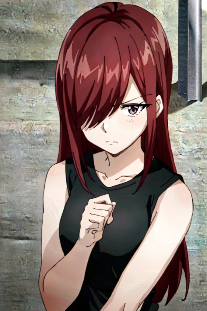 (extremely detailed CG unity 2k wallpaper),(anime coloring),(masterpiece),(best quality),(ultra-detailed),(best illustration),(best shadow),(absurdres),(detailed background), Erza Scarlett, 1girl, solo, long hair, black eyes, hair over one eye, sleeveless, breasts, shirt, black shirt, red hair, upper body, looking at viewer, sleeveless shirt, frown, bare shoulders, turtleneck, closed mouth, collarbone, medium breasts