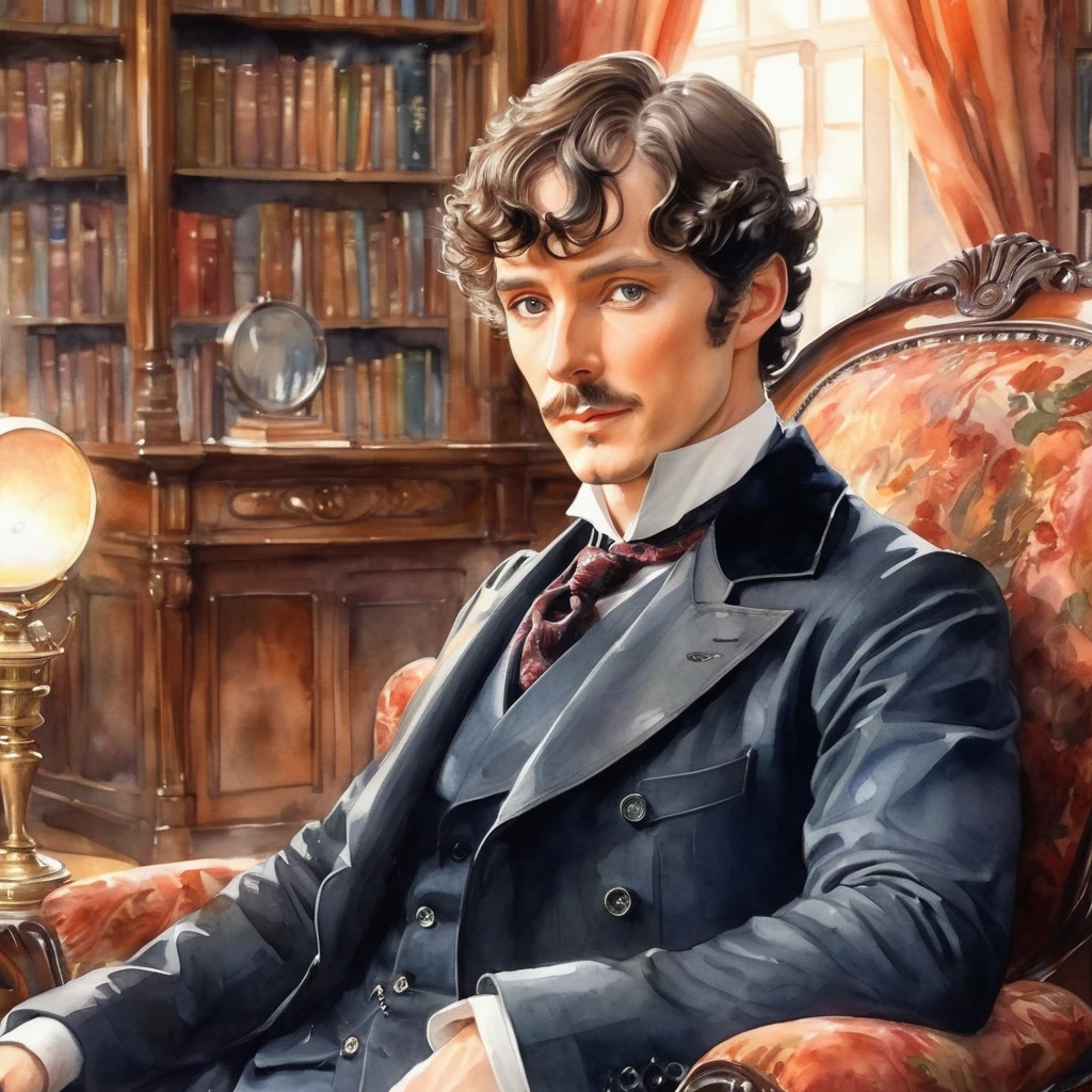 a watercolor anime version of sherlock holmes, beautiful detailed eyes, beautiful detailed lips, extremely detailed eyes and face, long eyelashes, 1 man, portrait, detailed facial features, elegant suit, holding a magnifying glass, sitting in a victorian armchair, library background, warm lighting, soft colors, impressionistic style, high detail, masterpiece, photorealistic