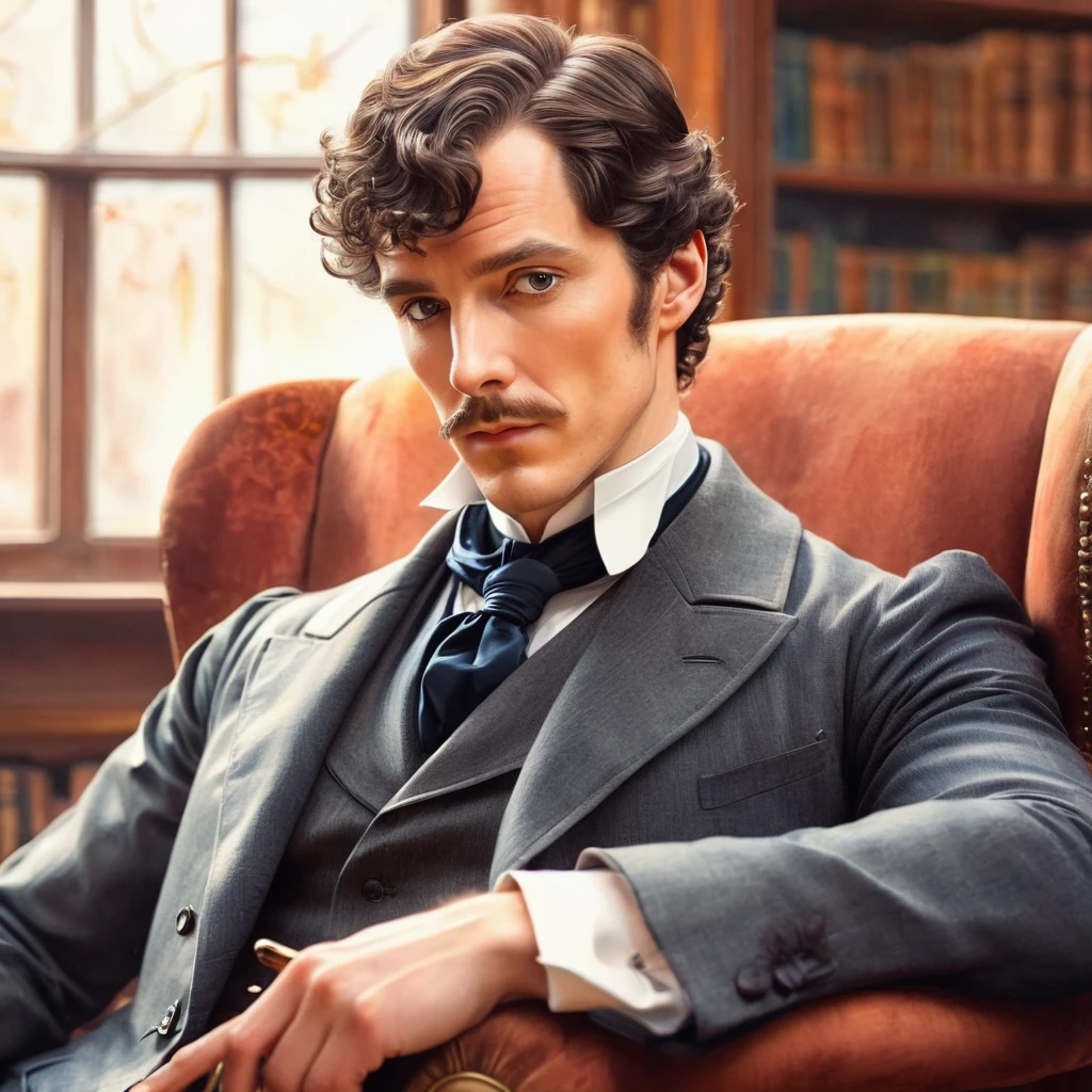 a watercolor anime version of sherlock holmes, beautiful detailed eyes, beautiful detailed lips, extremely detailed eyes and face, long eyelashes, 1 man, portrait, detailed facial features, elegant suit, holding a magnifying glass, sitting in a victorian armchair, library background, warm lighting, soft colors, impressionistic style, high detail, masterpiece, photorealistic