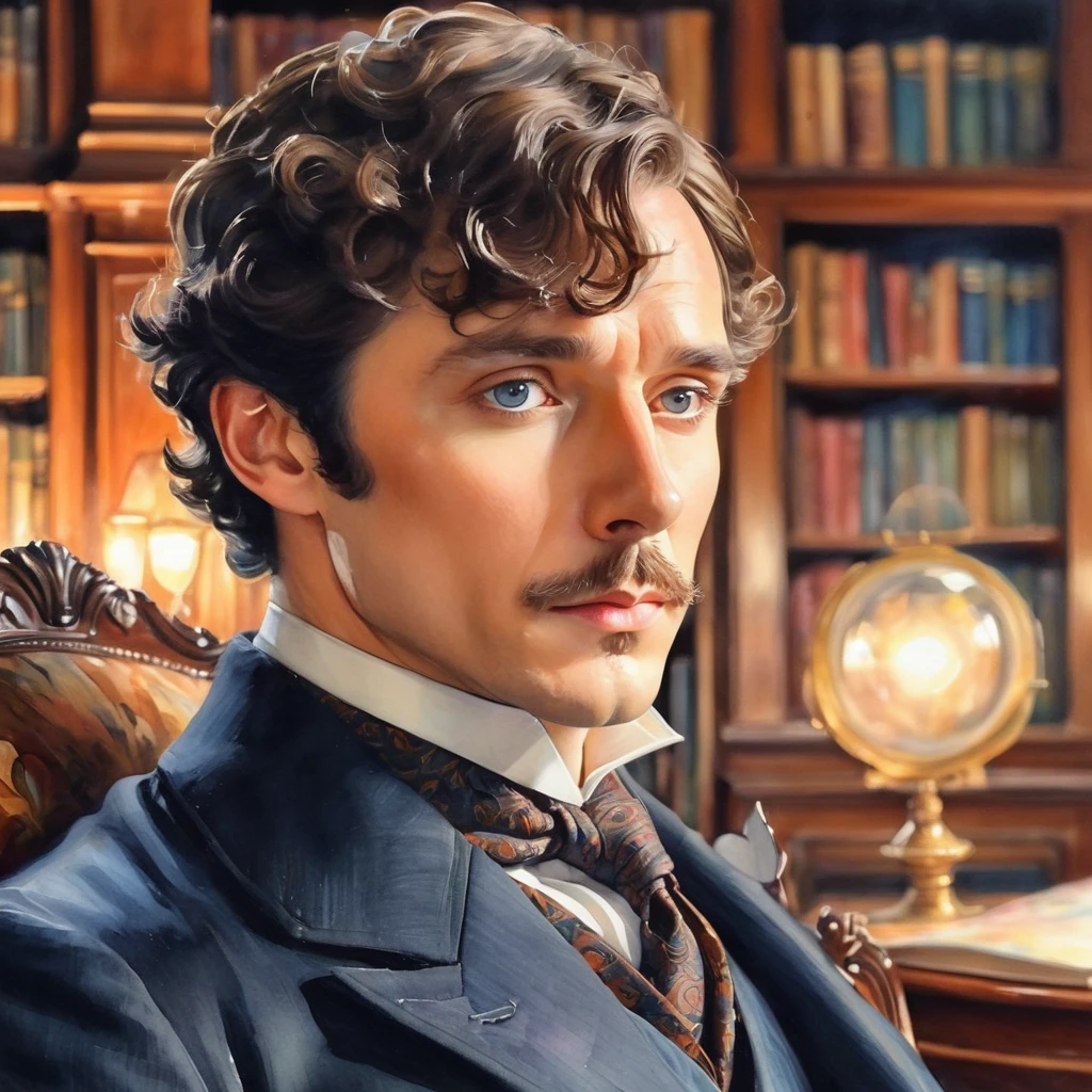 a watercolor anime version of sherlock holmes, beautiful detailed eyes, beautiful detailed lips, extremely detailed eyes and face, long eyelashes, 1 man, portrait, detailed facial features, elegant suit, holding a magnifying glass, sitting in a victorian armchair, library background, warm lighting, soft colors, impressionistic style, high detail, masterpiece, photorealistic
