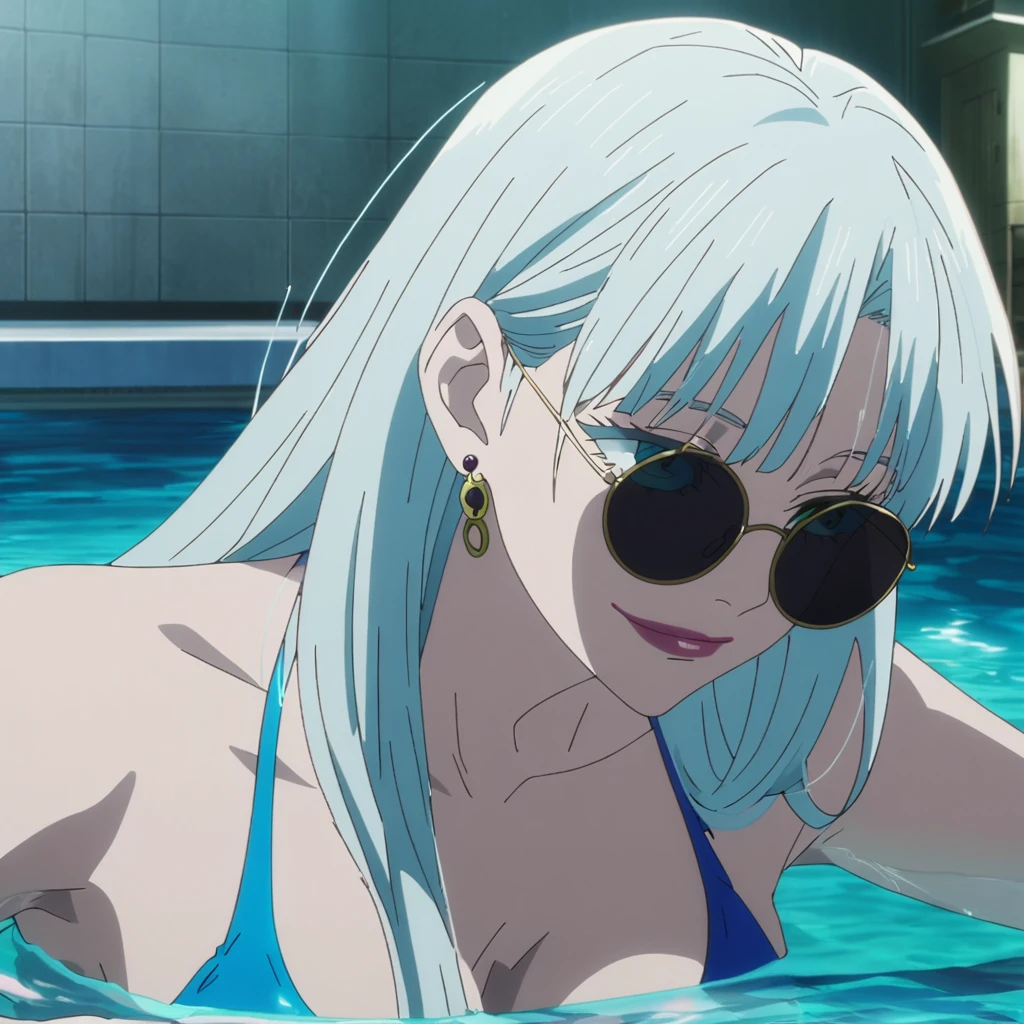 1girl, female gojo satoru, anime screencap from jujutsu kaisen, gojo satoru female version, solo, long_hair, ((wearing round sunglasses)) ((White_hair)), sunny, inside a swimming pool, upper_body, smile, lips, (long hair) ((wearing swimsuit)) breast, "very detailed and high resolution" ((solo)) (((front view))) (earings) ((high resolution)) ((good quality)) ((silky hair)) ((juice in one hand))