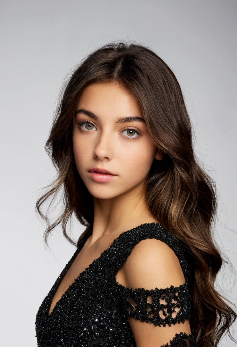 Photo très détaillée pleine du corps d&#39;une jeune, Belle fille of 23 years. Portrait sur fond blanc. Elle ressemble à ana de armas, madison beer et julia molinari. Elle a aussi certaines caractéristiques d&#39;une femme italienne, a des lèvres charnues et juteuses, yeux détaillés, lèvres détaillées. A de grands yeux verts. Les cheveux sont raides, légèrement tordu, cheveux blond. Porter une robe noire. ((pré-)), Belle fille. (haute qualité, ultra-détaillé, Réaliste:1.2, ultra Réaliste 8k, ultra détaillé, couleurs vives, éclairage de studio. Tourné sur Sony A7lll 85 mm. modèle de visage 3D. Grand détail. hyper détaillé, Meilleure qualité, Ultra haute résolution, HDR, 8k)
