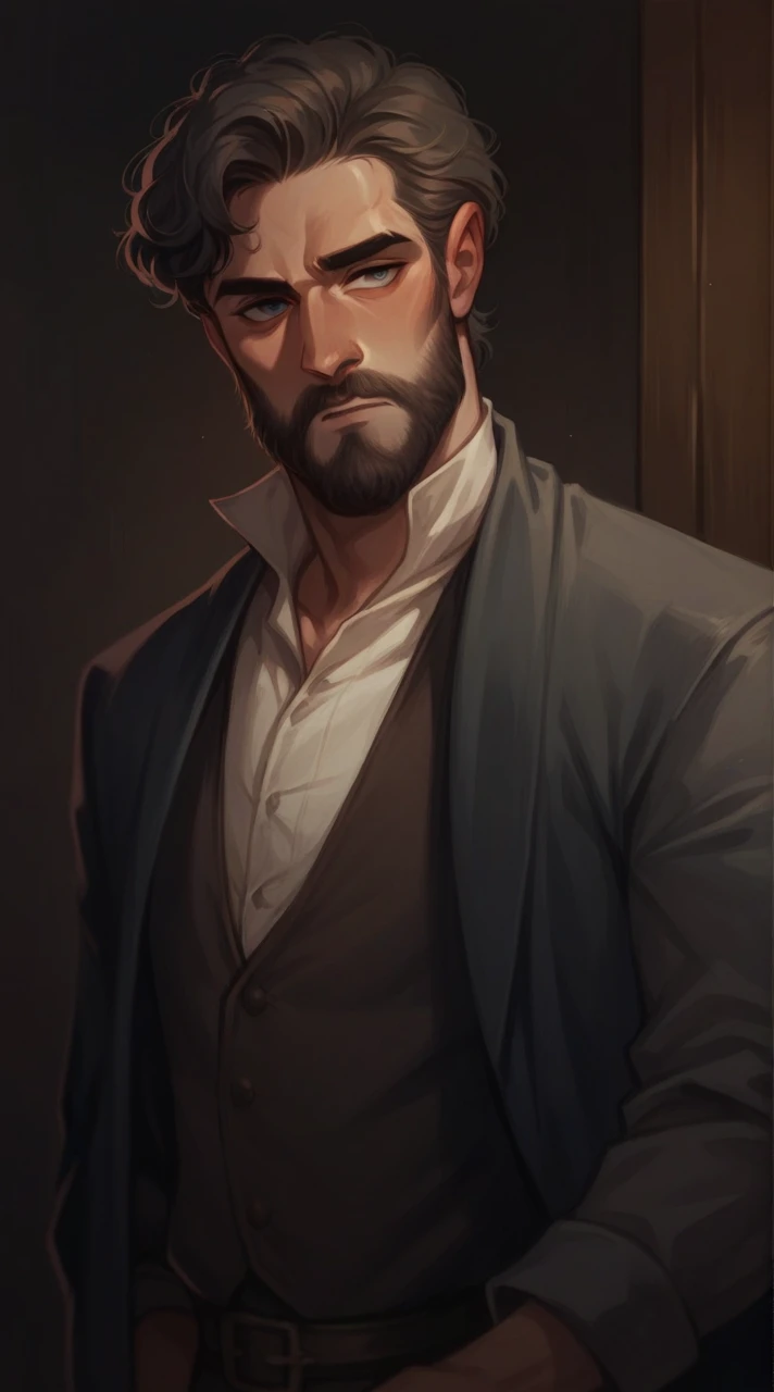 Create me a character based on this image, Where does he have the same hair but with some white streaks and some thin white strands, a medieval nobleman&#39;s outfit, he has a golden sword and on his clothes he has the symbol of a phoenix,  your beard has some white strands too and green eyes. A white shirt and black pants