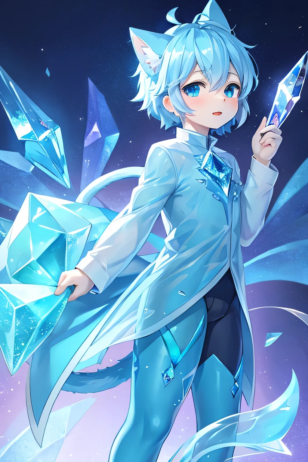male cat,Boys,Has a tail,Lovely,Thin,struggle,eternal,crystal,Crystallization,Blue crystal,Blue slime,Feet become crystal,Hands turn into crystal,crystal spread feet,Crystal legs,crystal hand,illumination,freeze,freeze,Feet are frozen,charming,Boys ,蓝色Crystal legs,Wear tights,plastic,Full body portrait,Smooth,full-body tights,Thin,Blue gel coat,Full body gel coat,Blue gel coat