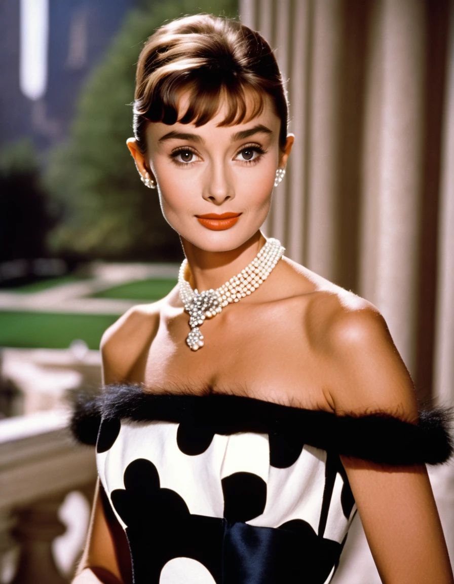 (masterpiece, Highest quality, Ultra-realistic, RAW Photos, Super detailed, Very detailed, Exquisitely crafted), (Realistic:1.4), (photography of Audrey Hepburn wearing a fashionable Polka dot wrap dress with flutter sleeves, Designed by Hubert de Givenchy), (smile), Fairy, Pure, Innocent, beauty, (thin), Supermodel, Adol, Breakfast at Tiffany's, sabrina, (slide_fashion), Depth of written boundary, (Full Shot), Film Grain, Zeiss Lenses, Symmetric, 8k resolution, Octane Rendering, Extremely high resolution detail, Fine texture, Dynamic Angle,