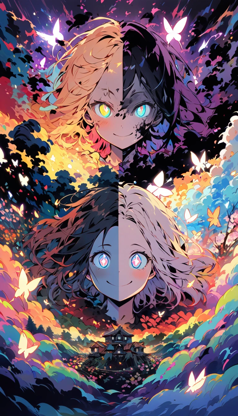 Left Half (Happiness)
Background:
• A flower field under a bright blue sky and radiant sun
• Birds flying and butterflies fluttering
• Cheerful cherry blossom trees and smiling children with vibrant colors
Expression:
• A gentle smile
• Bright, sparkling eyes
• Healthy rosy cheeks
• A naturally relaxed expression
Right Half (Madness)
Background:
• A dark forest or desolate landscape
• Black storm clouds and lightning
• Ruined buildings and charred trees
Expression:
• Eyes wide open with dilated pupils
• A manic grin
• Sunken cheeks and pale complexion
• A faint, eerie smile
Creating Cohesion
• Emphasize the contrast between the left and right halves through light and dark color schemes.
• Use a gradient in the middle to blend the two emotions seamlessly.
• Include a boundary line in the center to distinctly separate the two worlds.