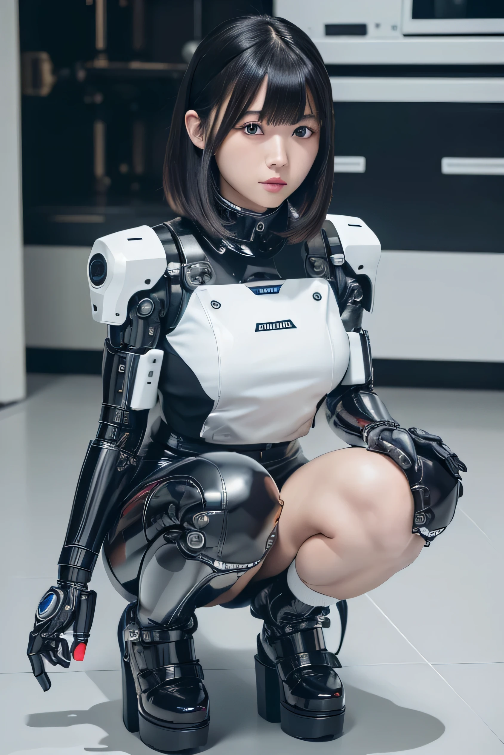 masterpiece, best quality, extremely detailed,8k portrait,Japaese android girl,Plump , control panels,android,Droid,Mechanical Hand, Robot arms and legs, Black hair,Blunt bangs,perfect robot girl,long tube,thick cable connected her neck,japanese cyborg girl ,android assembly plant,connecting a cable between the legs,white robot body,mechanical body,mouton boots,(blue eyes:1.5)