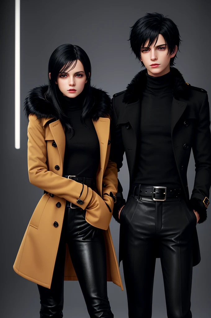 Final fantasy taste and reality graphics, Japanese young cute and cool ikemen  boy and cute and beauty girl,,boy and girl couple, both age is early 20s, thin eyebrows and beady eyes, girl is black long hair, boy wearing orange beige color double brest very thick trench coat, with a black color neck fur.,neck fur is black color, must black neck fur,
Must tighten your belt of coat, with epaulet, must close the front of the trench coat,, must trench coat cloth the front, also wearing black very thick turtleneck lackluster shirts,  tight black leather pants, shiny black leather tight and must put on a thin leather glove both hands, black leather knee-high raceup boots,
Girl wearing white colordouble brest very thick long coat,Must tighten your belt of coat, must trench coat cloth the front, also wearing black very thick turtleneck lackluster shirts,  tight black leather pants, shiny black leather tight and must put on a thin leather glove both hands, black leather knee-high raceup boots,must views  head-to-toe,must views whole body, boy and girl looks like fashion model,Do not show skin from the neck down,leather jacket leather glove and leather pants have few wrinkles,boy in the room,,Avoid showing your innerwear,must close coats waist belt.