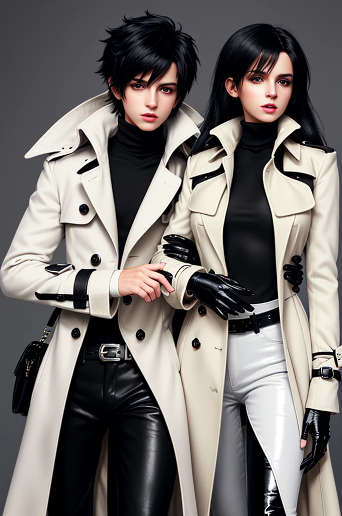Final fantasy taste and reality graphics, Japanese young cute and cool ikemen boy and cute and beauty girl,,boy and girl couple, both age is early 20s, thin eyebrows and beady eyes, girl is black long hair, boy wearing orange beige color double brest very thick trench coat, with a black color neck fur.,neck fur is black color, must black neck fur,
Must tighten your belt of coat, with epaulet, must close the front of the trench coat,, must trench coat cloth the front, also wearing black very thick turtleneck lackluster shirts, tight black leather pants, shiny black leather tight and must put on a thin leather glove both hands, black leather knee-high raceup boots,
Girl wearing white colordouble brest very thick long coat,Must tighten your belt of coat, must trench coat cloth the front, also wearing black very thick turtleneck lackluster shirts, tight black leather pants, shiny black leather tight and must put on a thin leather glove both hands, black leather knee-high raceup boots,must views head-to-toe,must views whole body, boy and girl looks like fashion model,Do not show skin from the neck down,leather jacket leather glove and leather pants have few wrinkles,boy in the room,,Avoid showing your innerwear,must close coats waist belt.