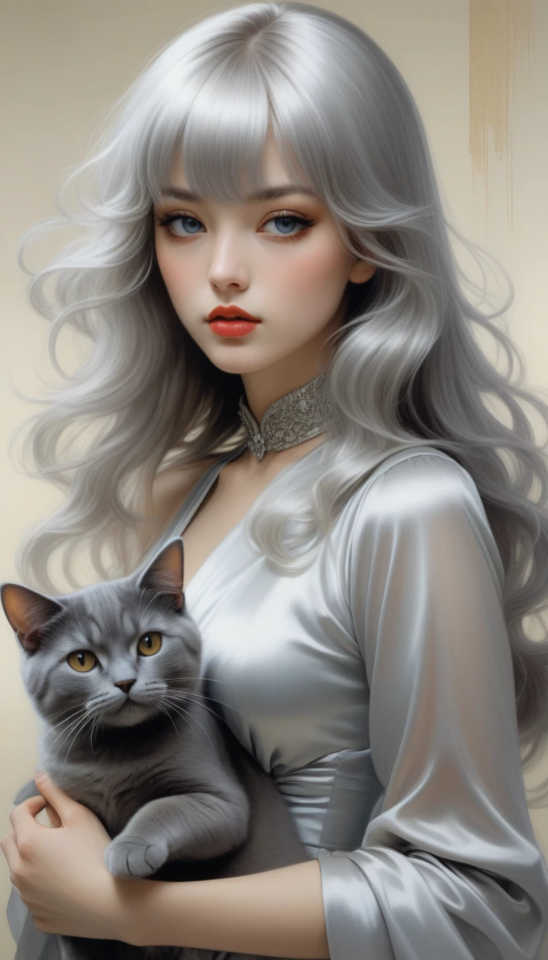 Sensual illustration of a lascivious princess and her cat, using chiaroscuro (((Silver straight hair with bangs:1.4、Beautiful Eyes) , Vintage ,Silk dress, Matte Paint, John Singer Sargent, by Katsuya Terada、 Very soft color, Dark Vivid, Dark Gray Pastel, Very detailed, Digital Art, High Contrast, dramatic, Sophisticated, tone, Intimate, Sensuality and romance、Masterpiece、Minimalist、Pop surrealism、pop art、drawing、Beautiful Face