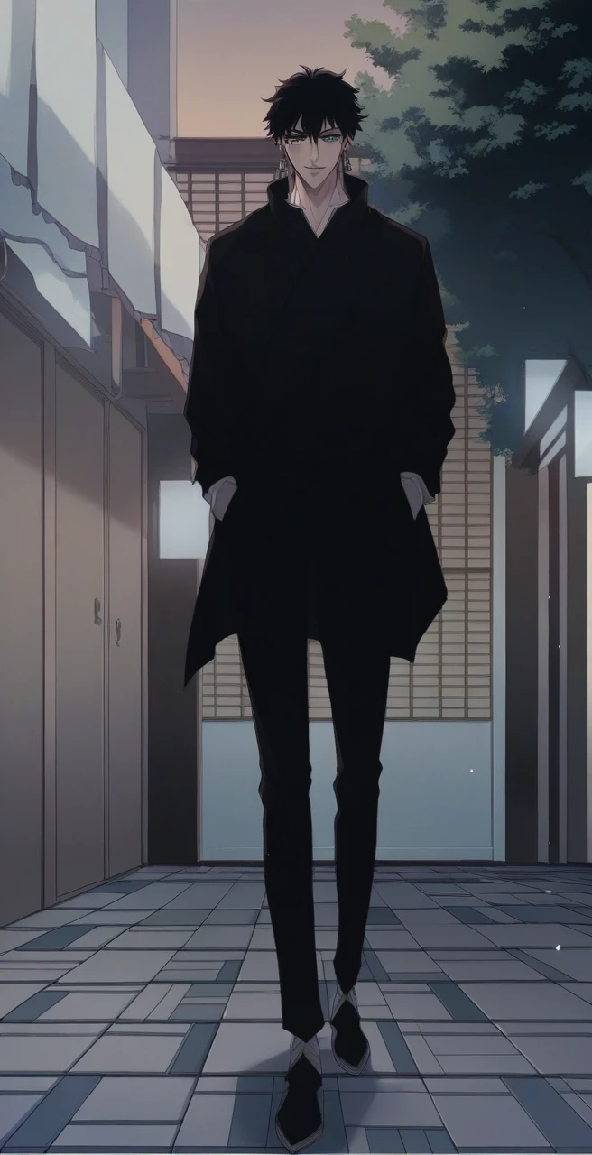A handsome man with long black hair and blue eyes looking at the camera, inspired by Okumura Masanobu, beautiful anime man, tsurumaki kazuya, sui ishida, with black hair, his long black hair is well-groomed and tied in a high bun, with some loose strands in the front, kentaro miura style, male anime character, mai yoneyama, a good-looking face in the style of demon slayer art, but with a gentle and welcoming expression, showing a soft smile, he has pale skin and wears silver earrings in both ears, wearing a simple and traditional outfit.