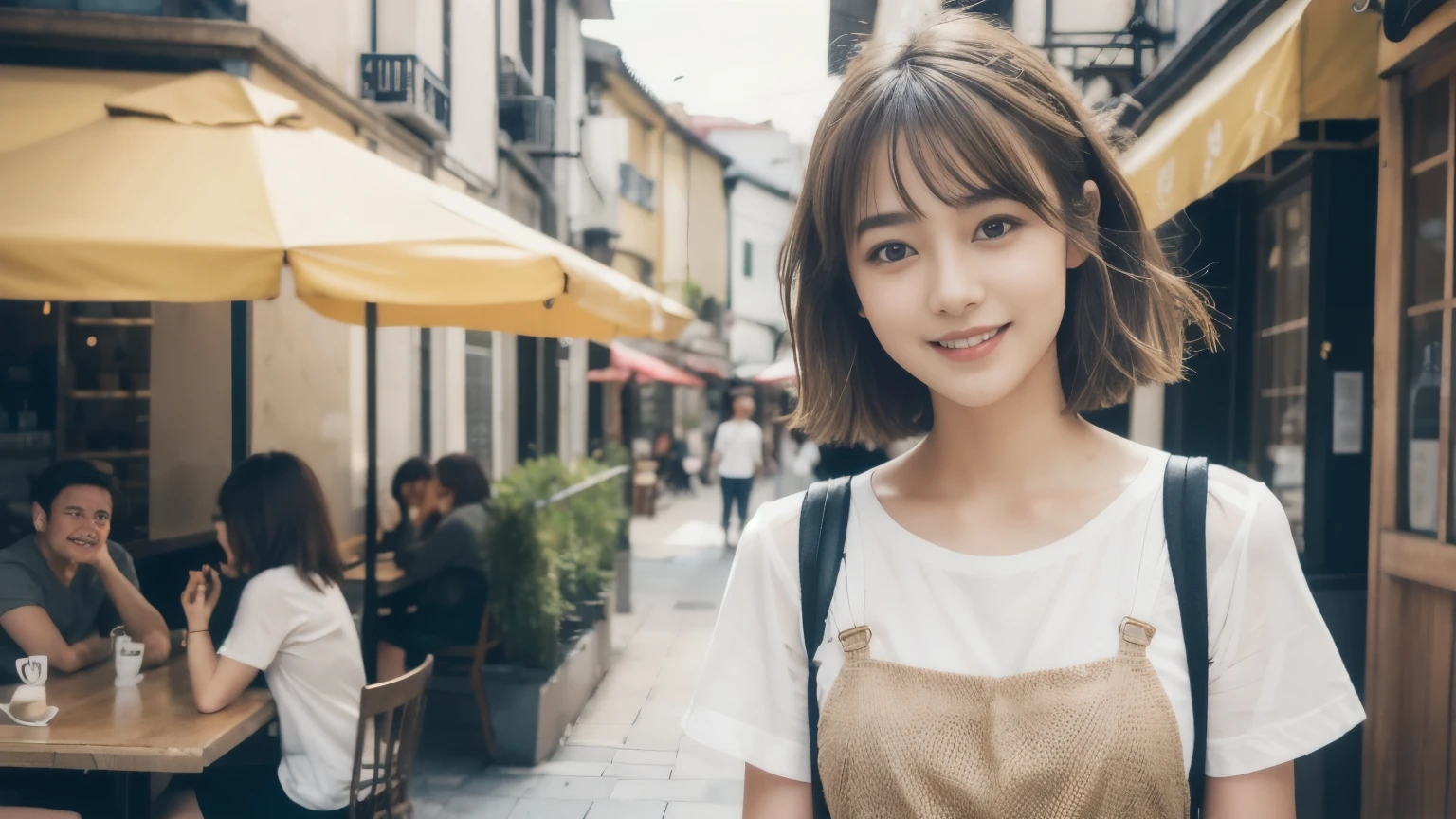 super high quality, short hair, thin, Gravure photo session, The staff is working at the counter in the back.., (8k、RAW Photos、Highest quality、masterpiece:1.2), Japanese Idols, Stylish cafe, People having fun at the cafe々Bustling with., (Realistic、Realistic:1.37), Bob Hair, Mesh Hair, Urban Cafe, Golden Ratio, RAW Photos, Cute Face , Light brown hair, Small breasts, Bright cafe interior, Spring Clothes, Cafe Terrace, Open Cafe, A kind smile, Hair blowing in the wind, Dress neatly, boyish, T-Shirts, 18-year-old, younger sister, Fashionable clothes,