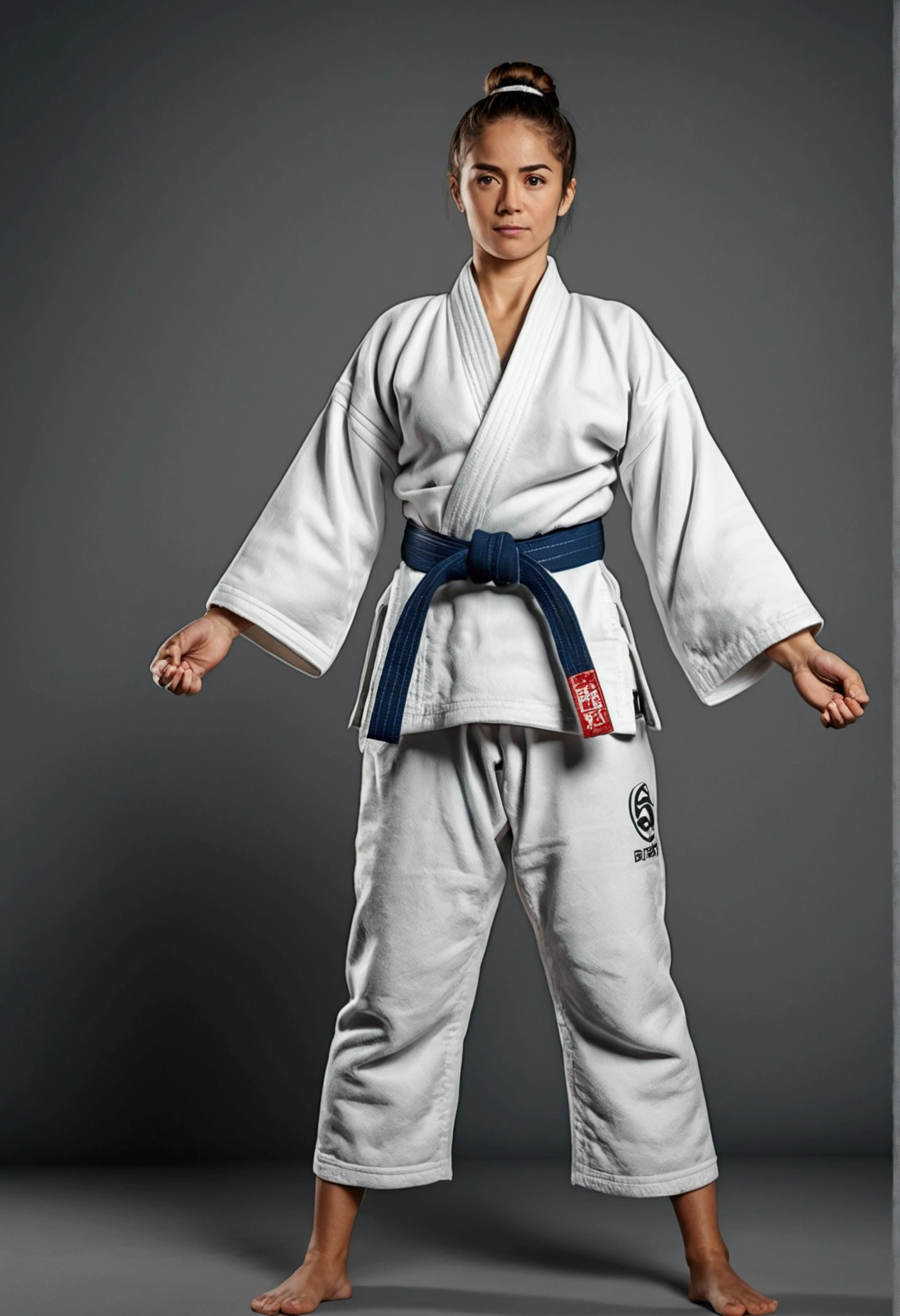 Brazilian jiu-jitsu adult woman wearing white belt, kimono, with parallel arms lowered at the side of the body, woman in a standing position in full body, soft and friendly face Children's studies, 8k, hyper realistic, detailed.