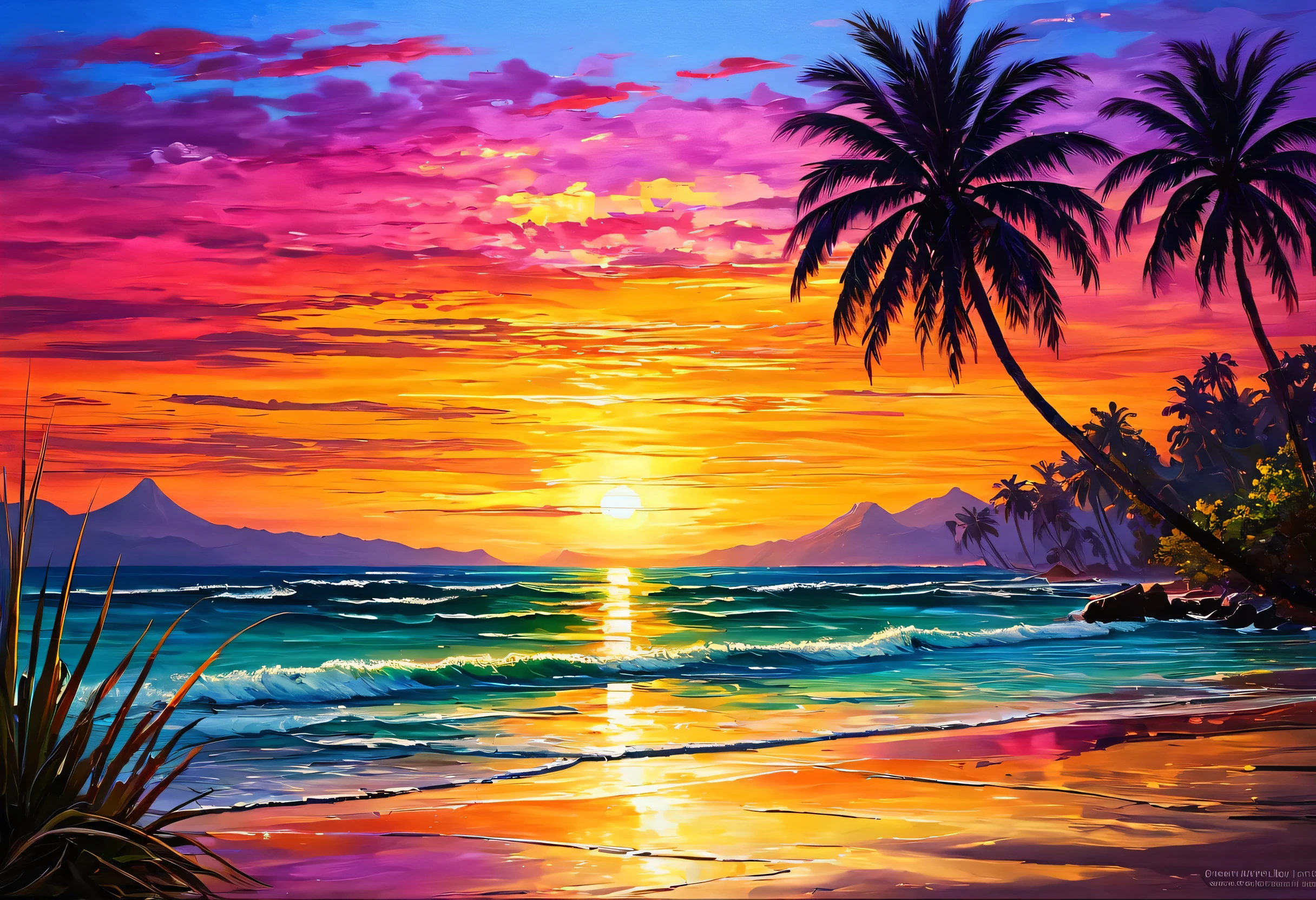 Sunset painting with palm trees and water, Colorful sunset, the most Beautiful sunset, Colorful Landscape Painting, Beautiful Art UHD 4K, Beautiful sunset glow, Beautiful sunset, Beautiful paintings, Landscape painting details, Landscape painting, dream scenery art, Beautiful paintings, Colorful sunset!!, Vibrant sunset, 8K high quality, detailed art, Oil painting style