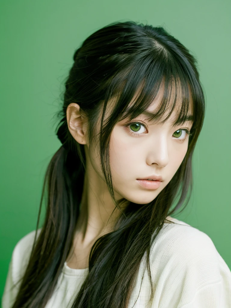 (masterpiece), (highest quality), (Super detailed), (messy hair), (shape), (one japanese girl), (fashionable camisole), Are standing, Fashion Model, (interview), (simple emerald green background), fine and beautiful eyes, delicate beautiful face, floating, (high color saturation), focus on face, ponytail, black hair, bangs,floating Hairs, (shining), best writing, best shadow,stylish living room