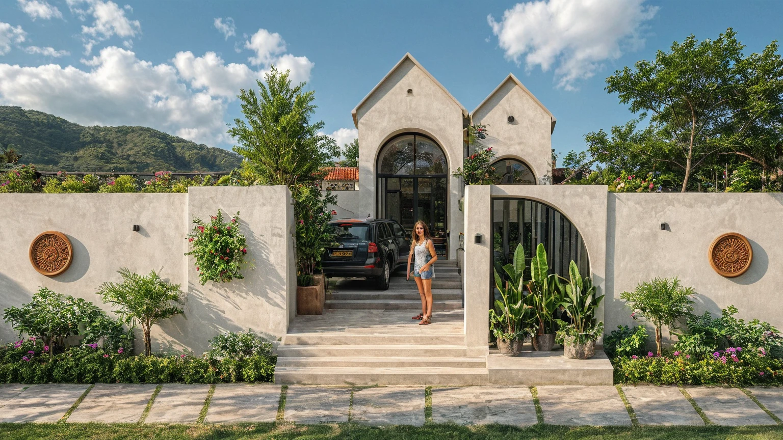 Raw photo,Masterpiece, high quality, best quality, authentic, super detail, exterior, outdoors,A small, one-story house with a white exterior with two prominent archways at the entrance. The house has a red, gabled roof and dark-framed windows. There are several plants near the entrance, including a climbing plant with purple flowers. The steps leading up to the entrance are black, with potted plants on both sides.,pavement, grass, trees, blue sky, (daylight:1.1), ((realistic photo)),(rain:1.3)