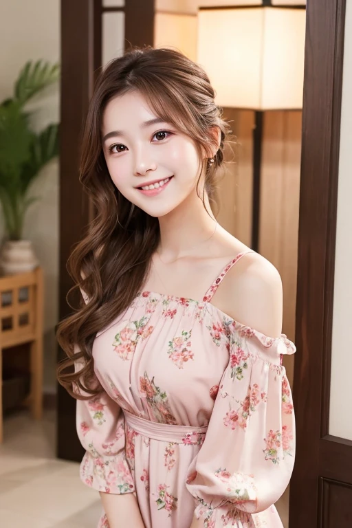 A young woman with shoulder-length, wavy brown hair tied in a loose ponytail、Wearing a pink floral dress。She is smiling brightly、Have a naturally glowing skin。The background is softly lit、Creating a warm and comfortable atmosphere。The overall mood is、It's bright and calm。Please use photo-realistic images。